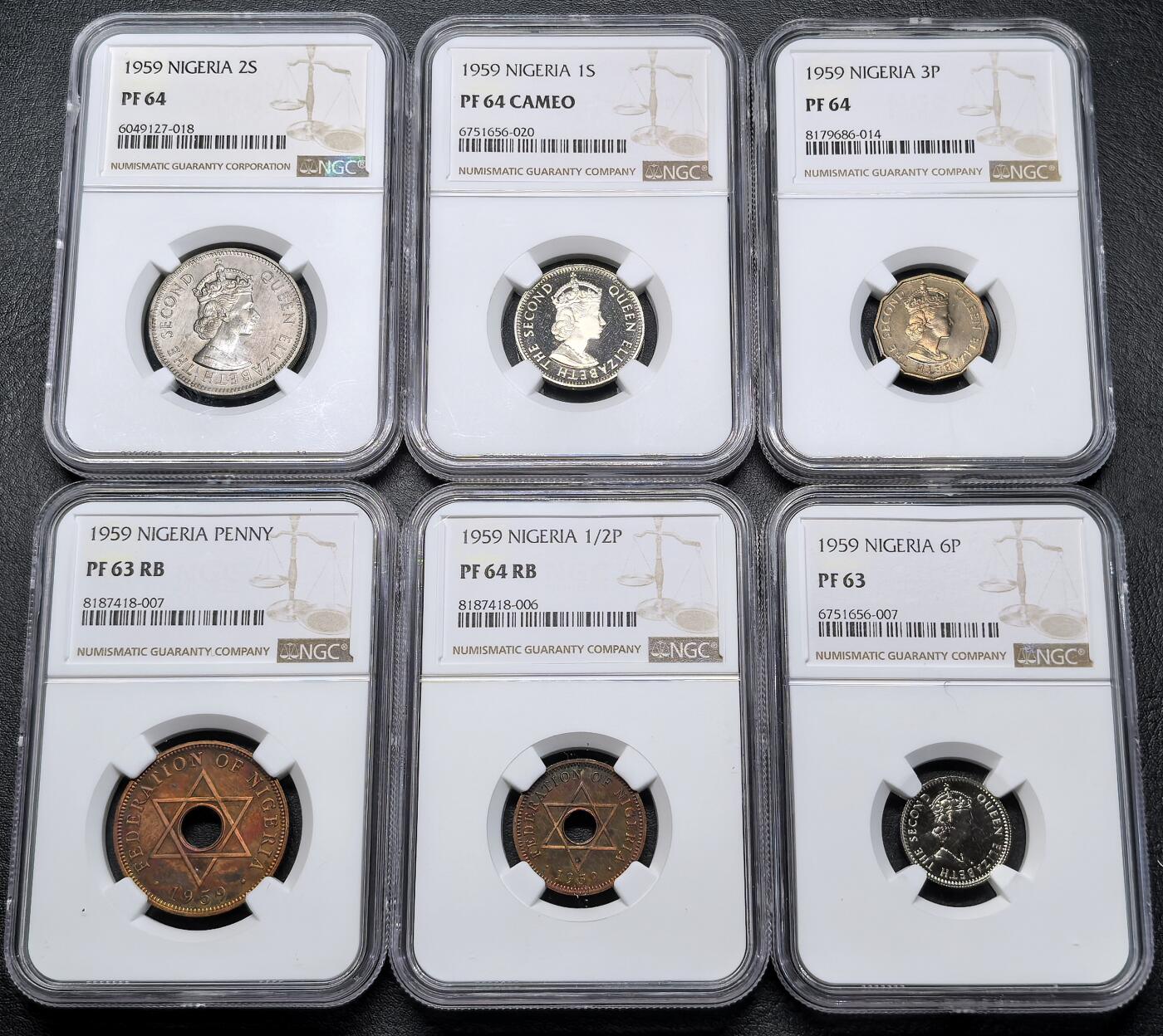 凡希社世界钱币微拍第二百八十三期 1959英属尼日利亚PS六枚套NGC-PF63～64，设计很出色的一套殖民地钱币，与英国货币体系一致。