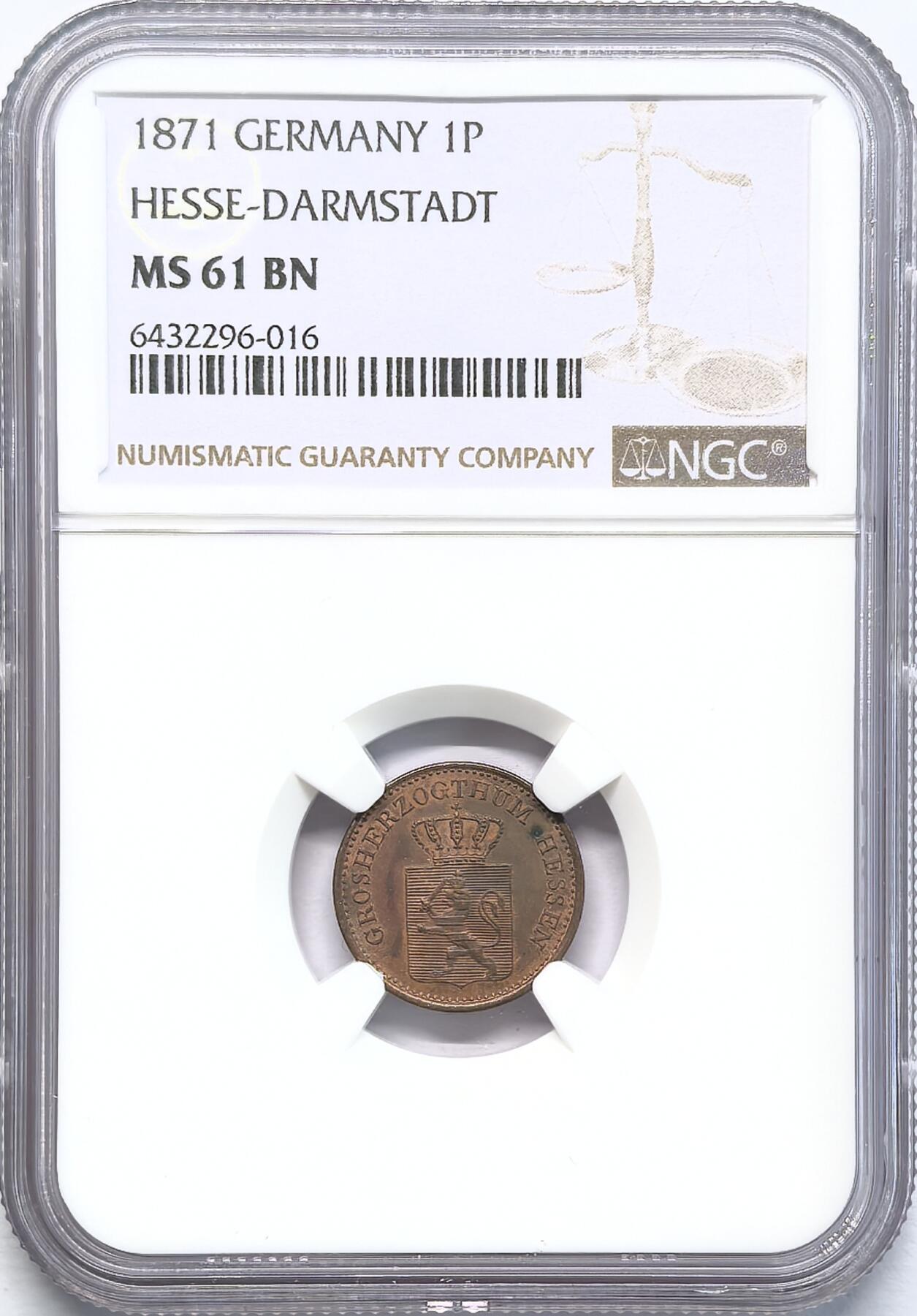 凡希社世界钱币微拍第二百八十三期 1871黑森达姆斯特铜芬尼NGC-MS61