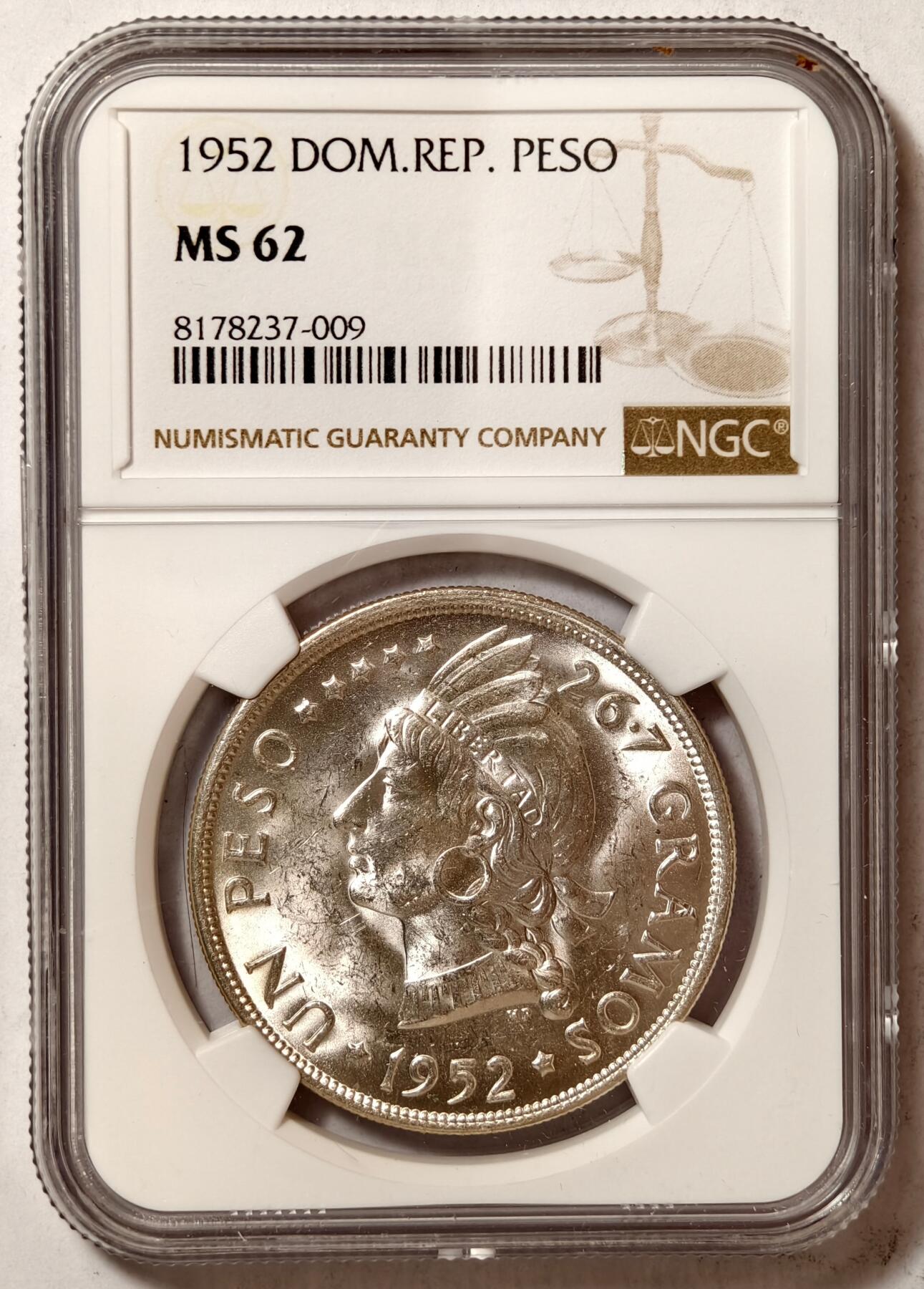 紫瑗钱币——第410期 多米加共和国 1952年 恢复共和国100年纪念币 NGC MS62