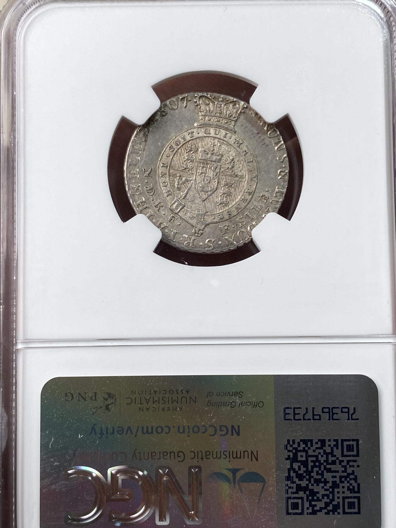 万国钱币拍卖第033期 NGC MS63 1807年德国布伦斯瑞克-吕纳堡-卡伦堡-汉诺威英系共主乔治三世1/6泰勒 原味欧洲包浆 顶级品相