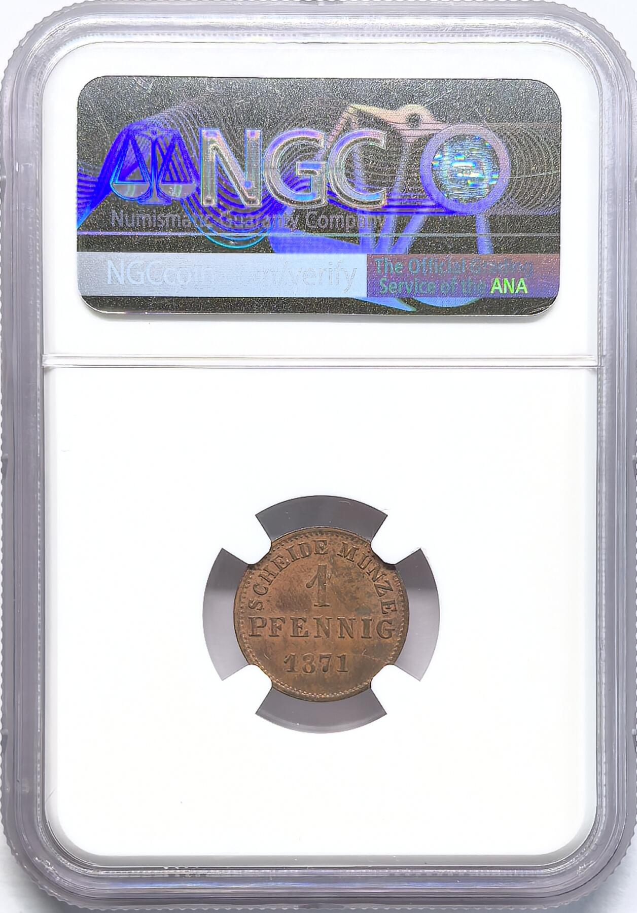 凡希社世界钱币微拍第二百八十三期 1871黑森达姆斯特铜芬尼NGC-MS61