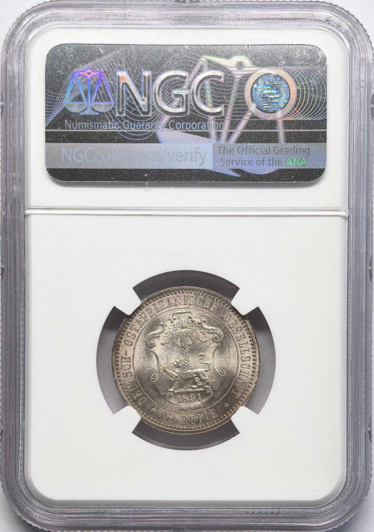 凡希社世界钱币微拍第二百八十三期 1891德国东非公司1/2卢比NGC-MS64+，霜面银光收藏级，全套最稀少面值。