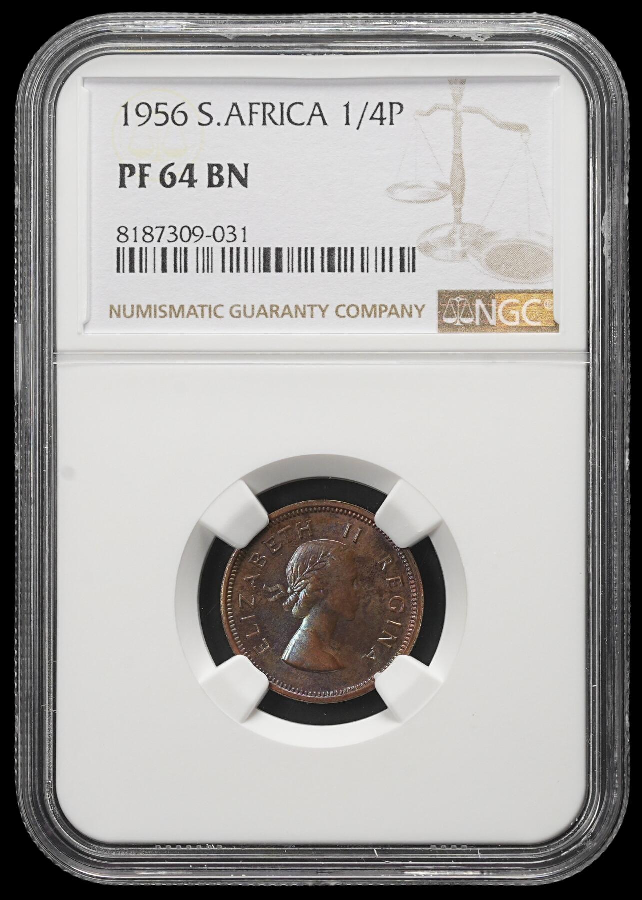 修遠堂世界钱币第三十八期 全场包邮 NGC PF64BN 1956年英属南非精制1/4便士铜币 五彩包浆 仅铸造1700枚