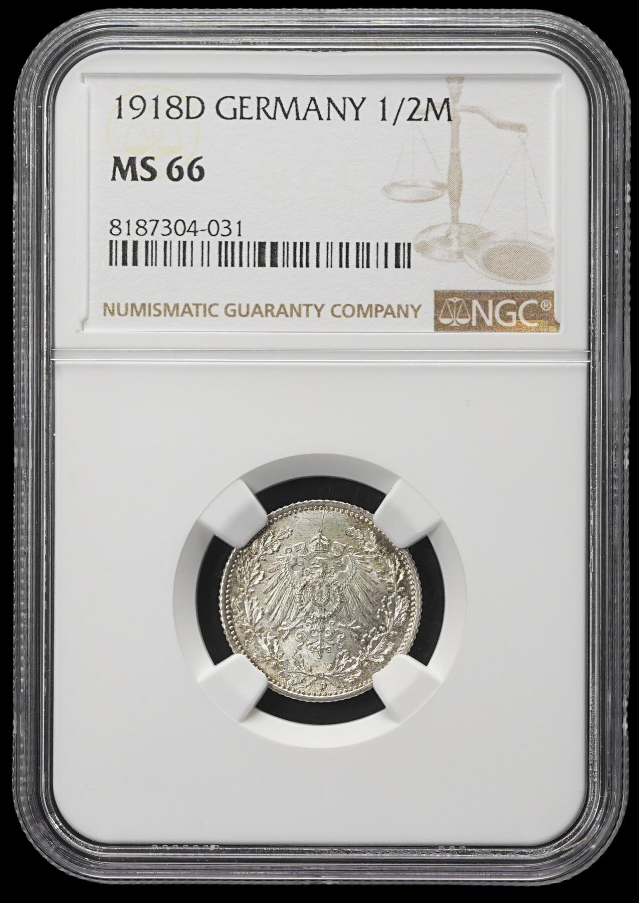 修遠堂世界钱币第三十八期 全场包邮 NGC MS66 1918年德国1/2马克银币 D厂铭