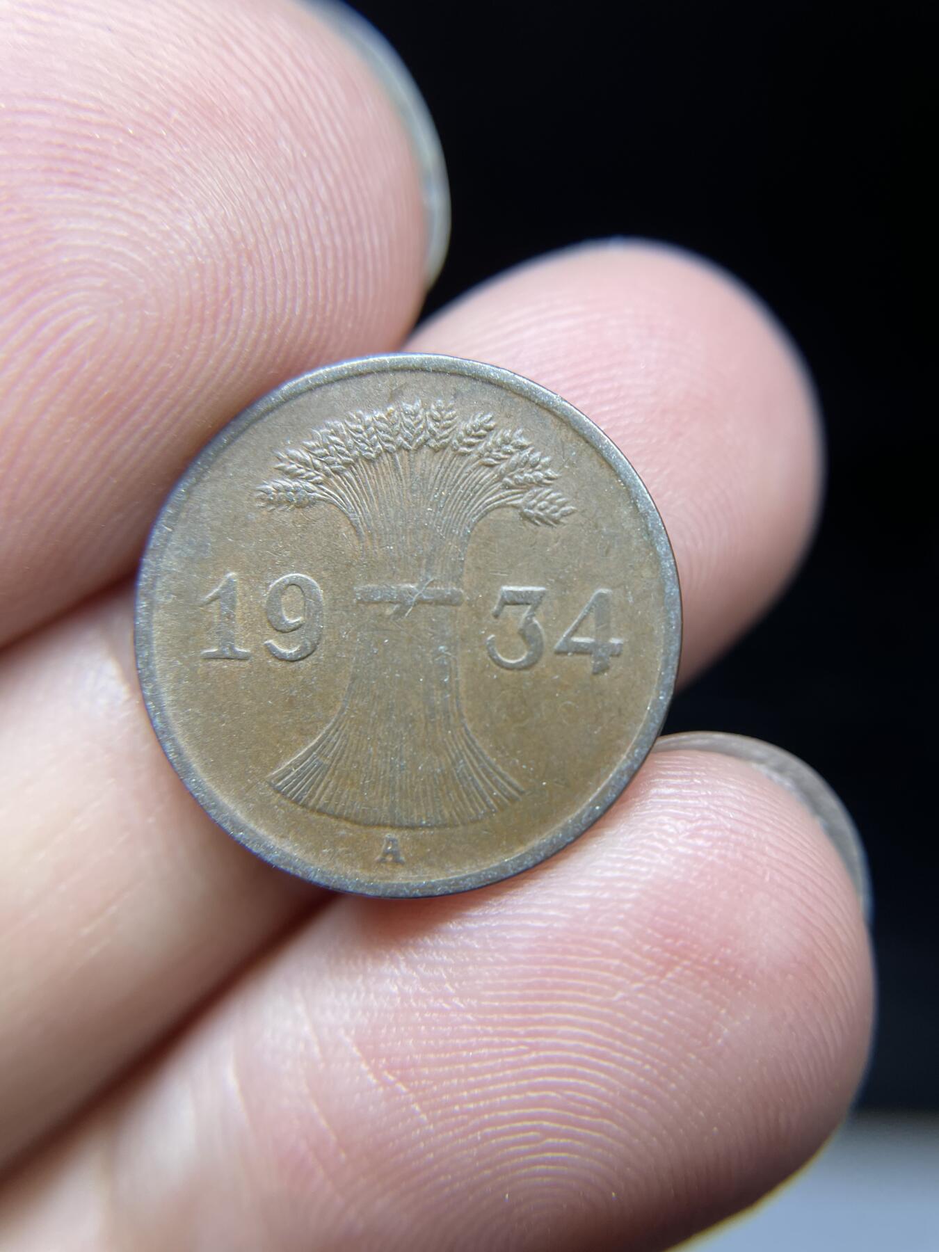 每日一拍，2024年集古藏今外币拍卖第十四期-第3场—（总第133拍），可以寄存60天，满160元包邮。 1934年德国1芬尼
