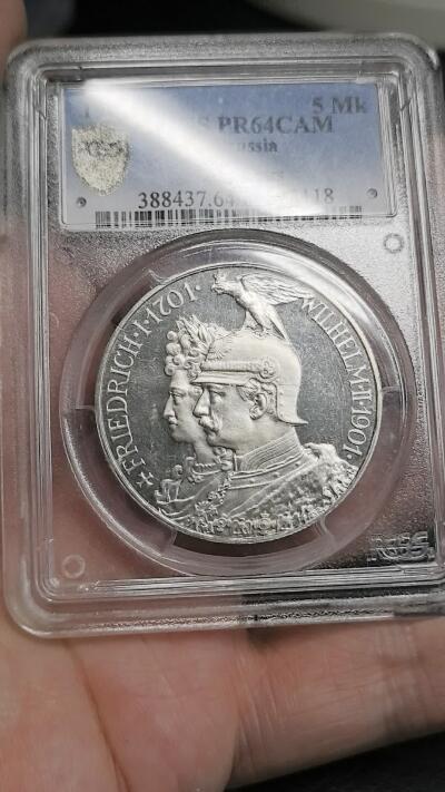 凡希社世界钱币微拍第二百八十三期 荐！1901德国普鲁士200周年纪念5马克大银精铸PCGS-PF64CAM，铸造工艺一流，镜面感十足的热门品种。