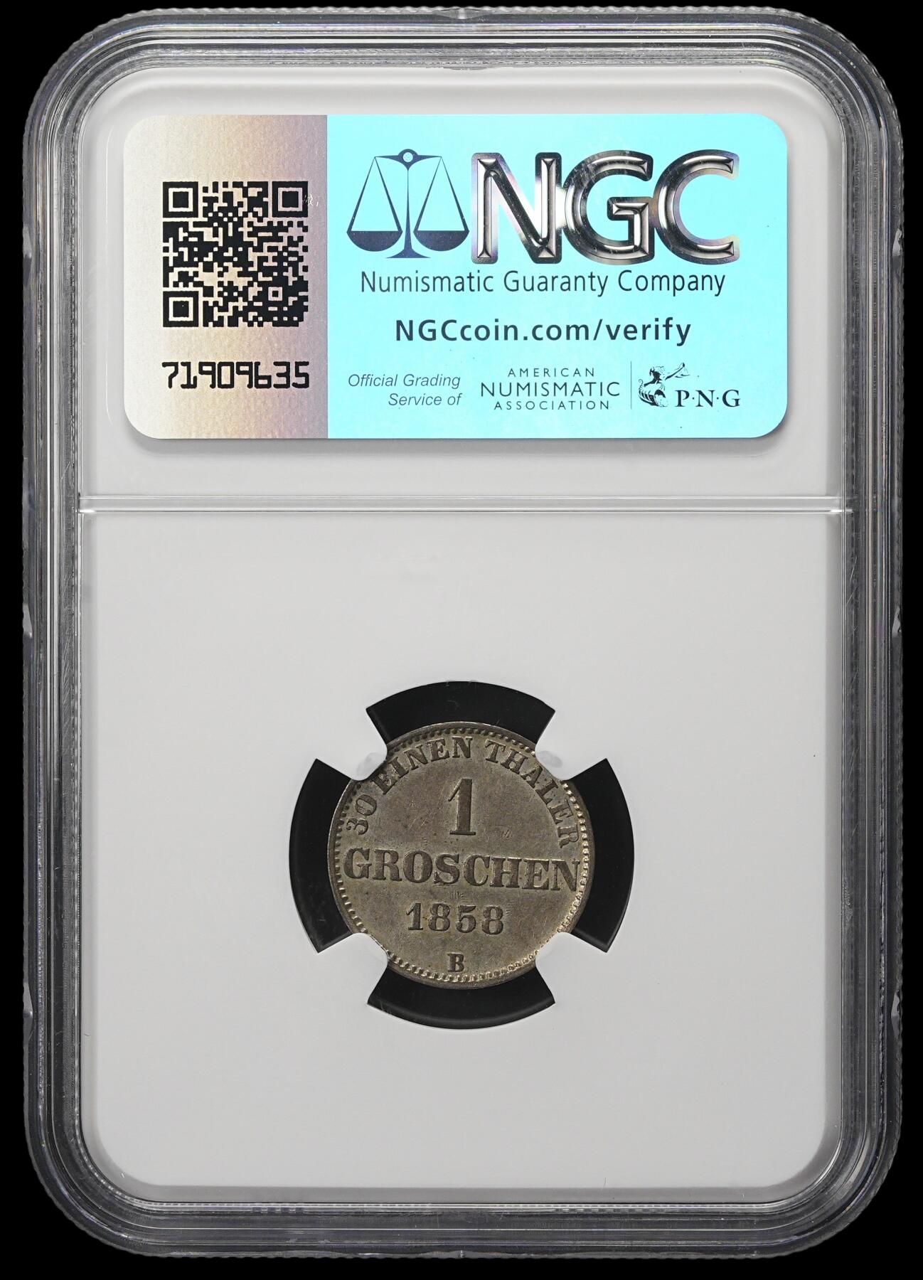 修遠堂世界钱币第三十八期 全场包邮 NGC MS62 1858年奥尔登堡1格罗申银币