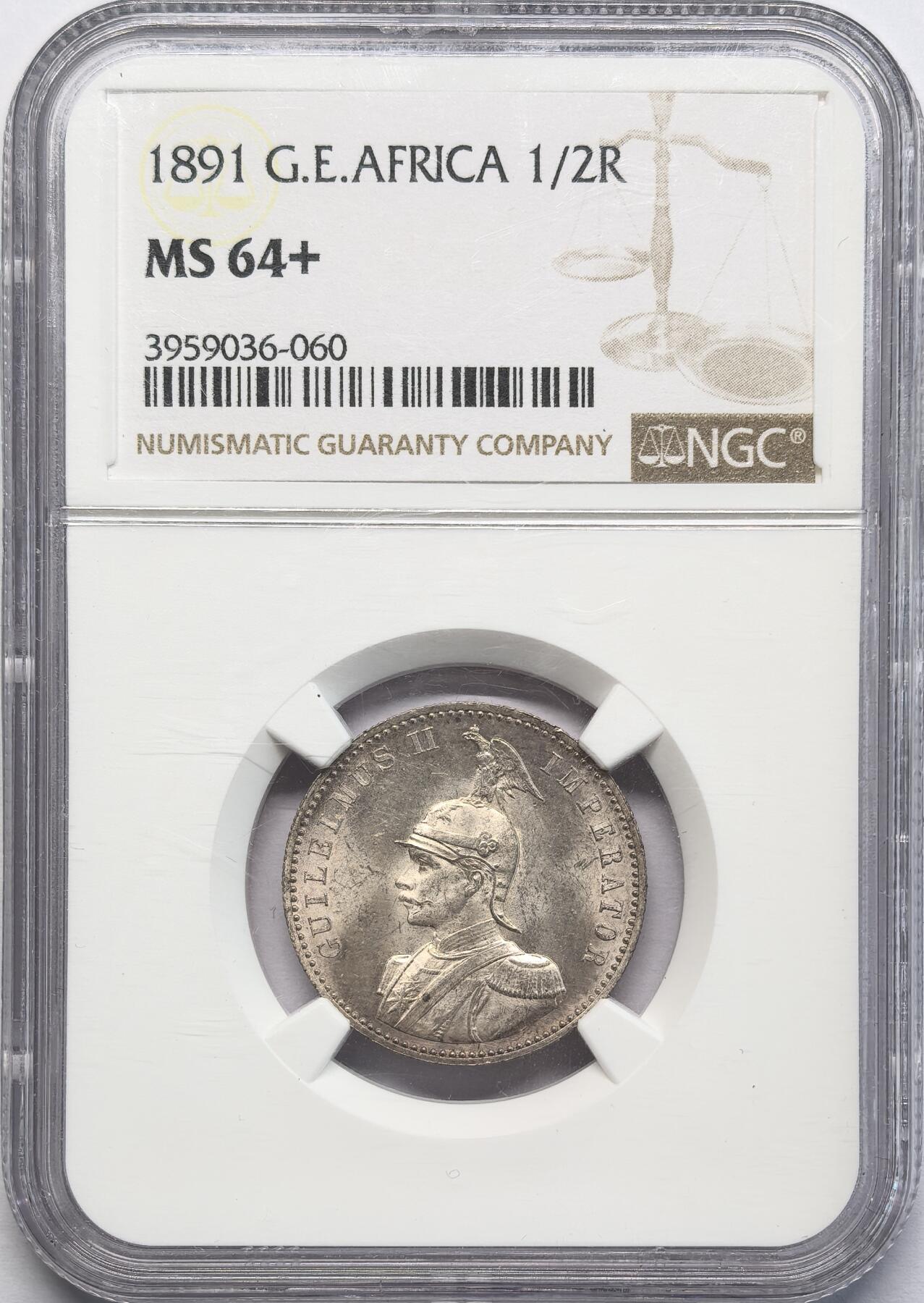 凡希社世界钱币微拍第二百八十三期 1891德国东非公司1/2卢比NGC-MS64+，霜面银光收藏级，全套最稀少面值。