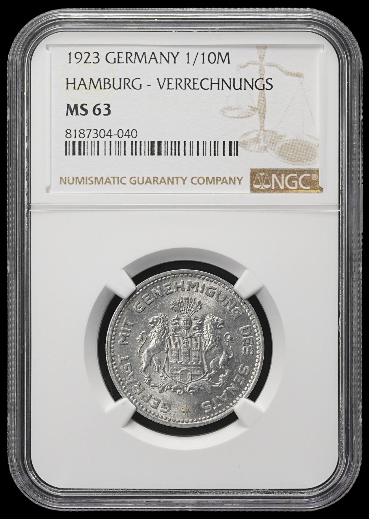 修遠堂世界钱币第三十八期 全场包邮 NGC MS63 1923年德国紧急时期汉堡 1/10 VERRECHNUNGS马克铝币