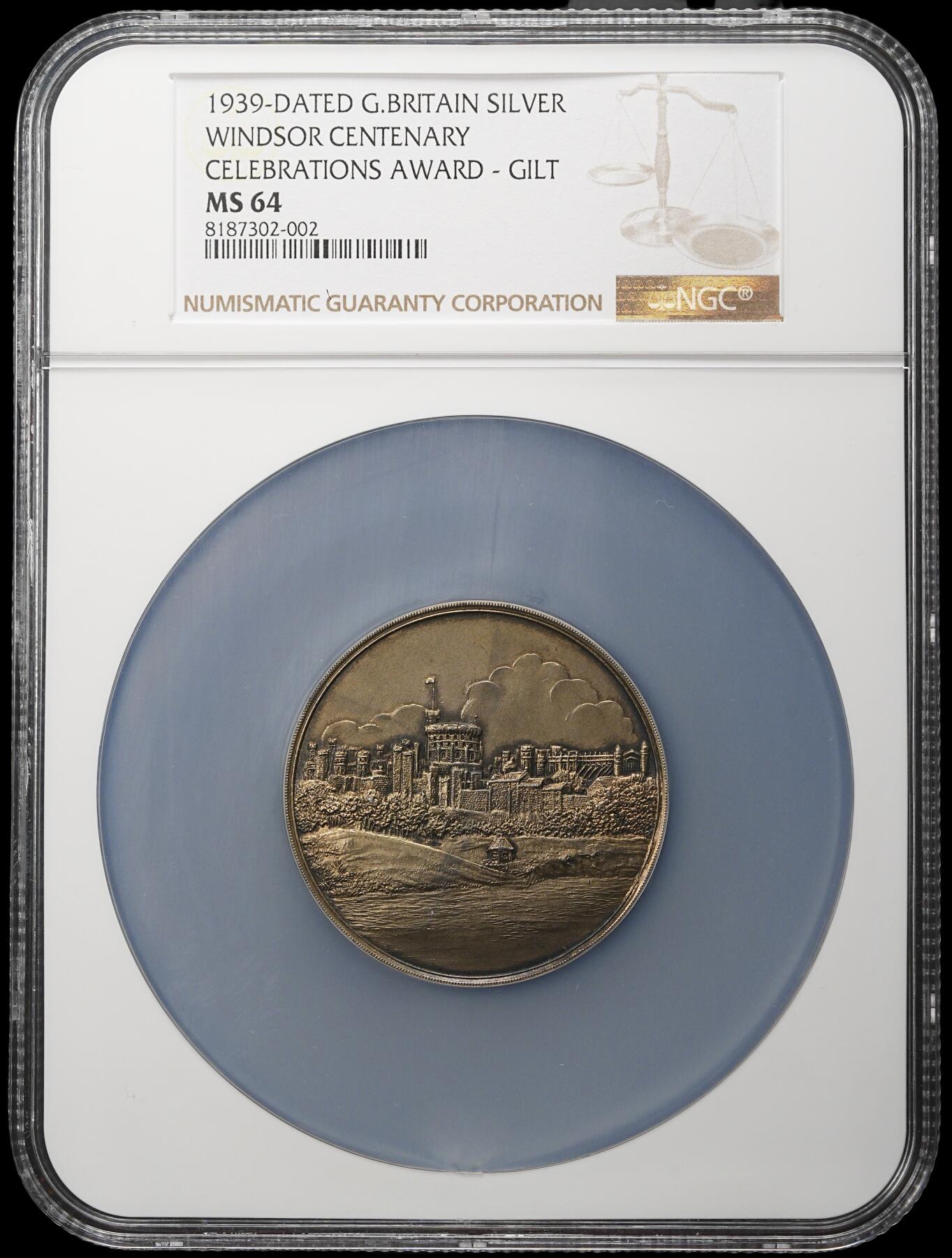 修遠堂世界钱币第三十八期 全场包邮 NGC MS64 1939年英国皇家农业学会百年庆典镀金大银章 温莎城堡景观图 51mm大尺寸