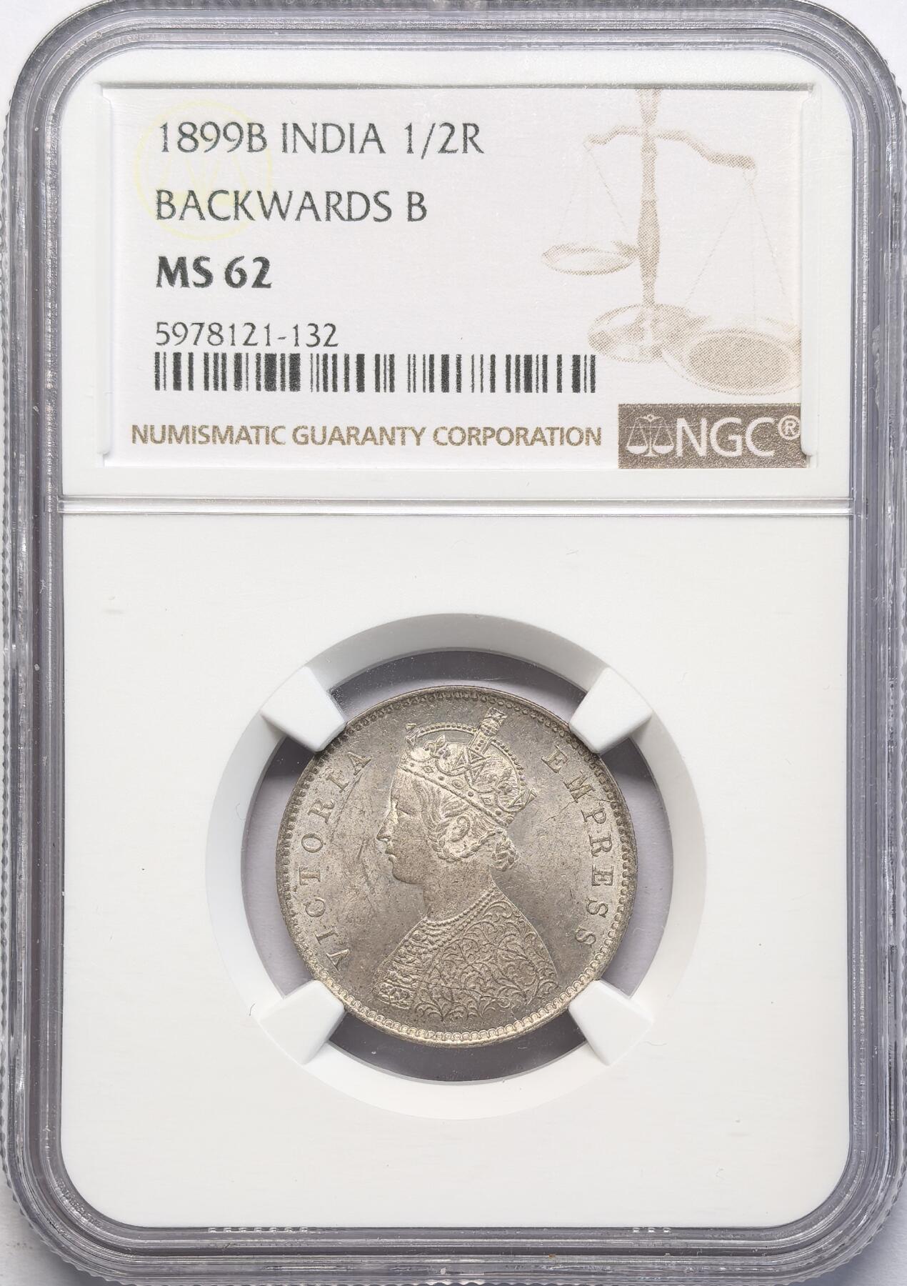凡希社世界钱币微拍第二百八十三期 1899B英属印度小维1/2卢比NGC-MS62，粉光，实物低评。