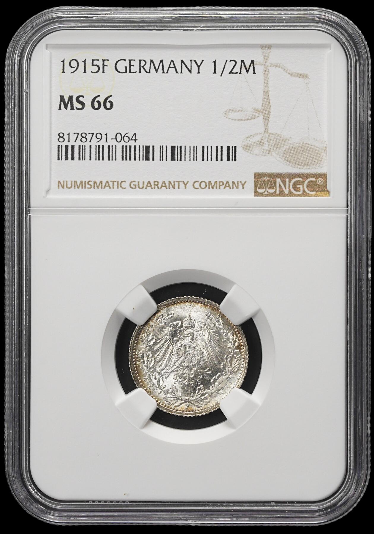 修遠堂世界钱币第三十八期 全场包邮 NGC MS66 1915年德国1/2马克银币 F厂铭 环彩
