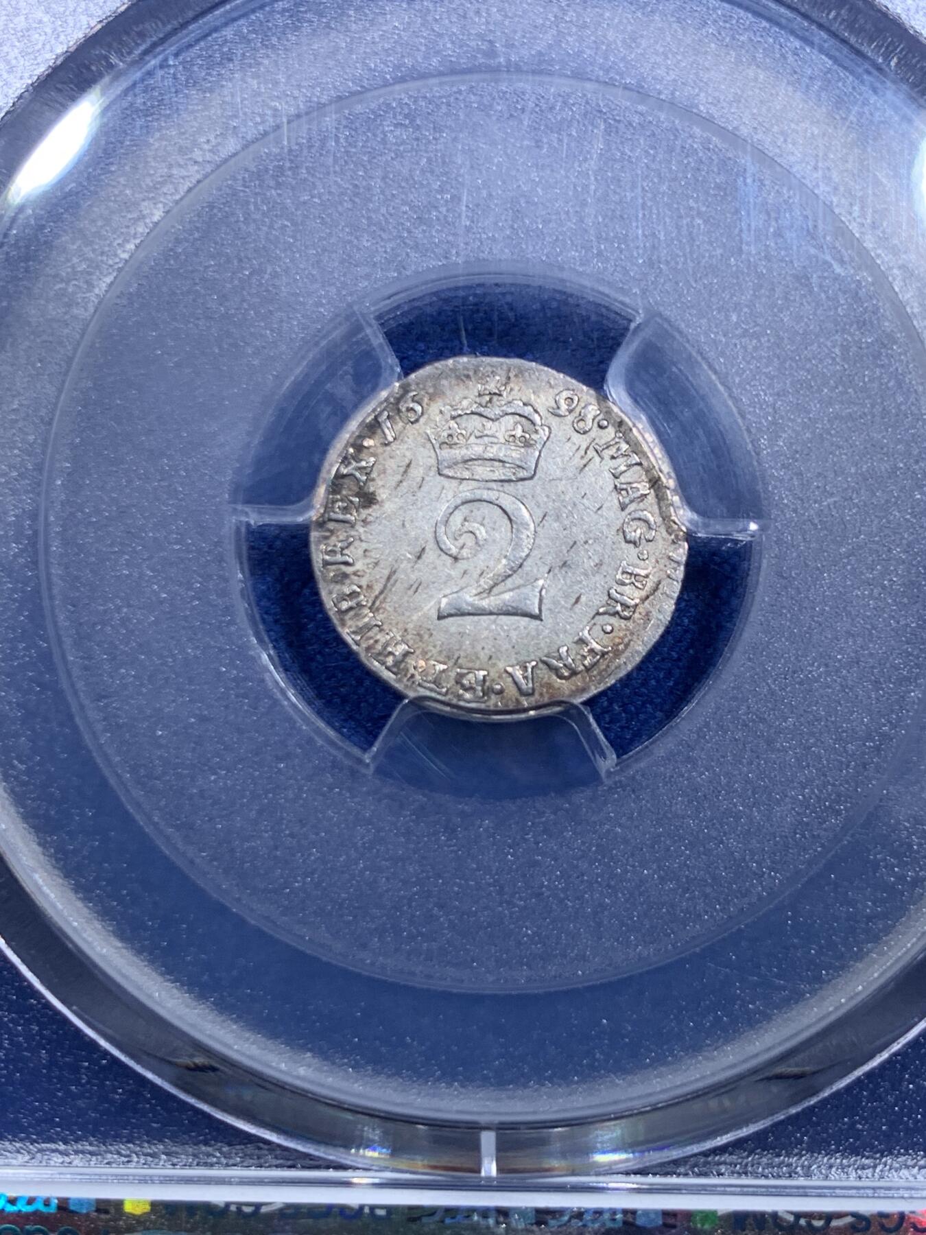 《竞宝斋》第303场   周日，周一 2场连拍 （全场包邮） PCGS UNC 英国 1698年 威廉三世 2便士银币 早期英国银币 少见