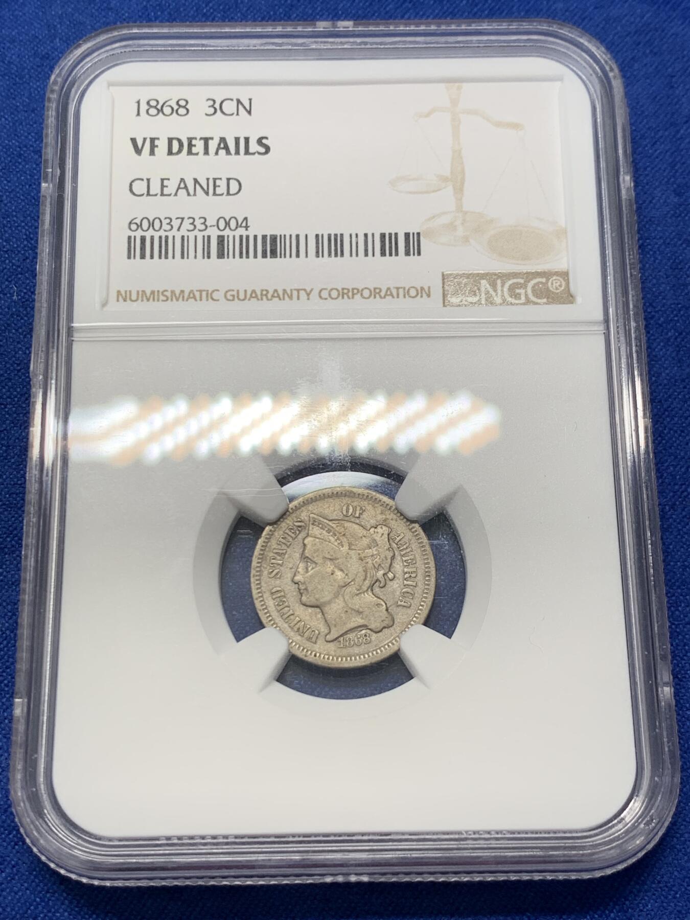 《竞宝斋》第303场   周日，周一 2场连拍 （全场包邮） NGC VFD 1868年3美分 非常少见品种 ngc评级真假无忧 凑套必备 市场价二三百元