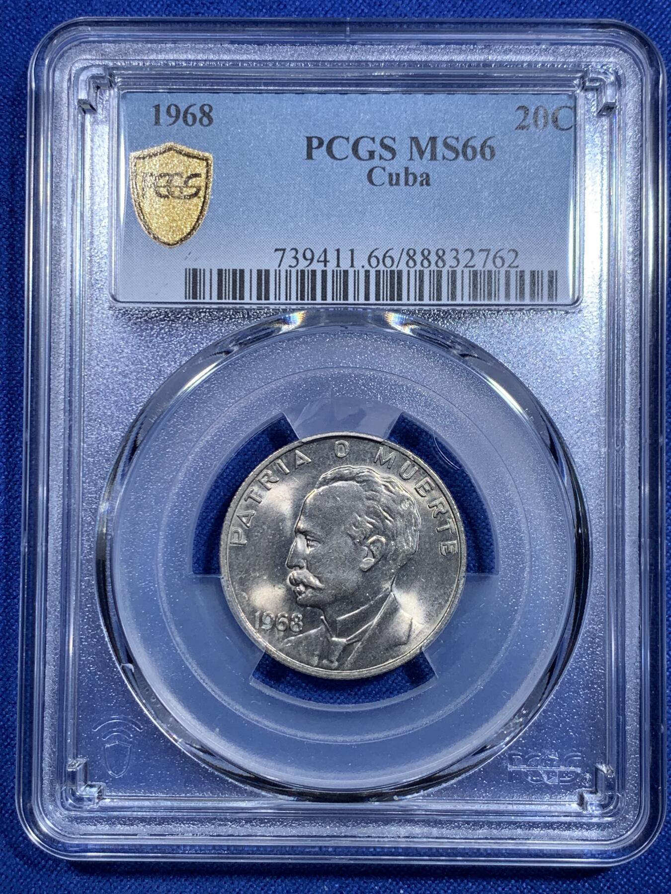 《竞宝斋》第303场   周日，周一 2场连拍 （全场包邮） PCGS MS66 1968年古巴20分 两面爆光 高分少见