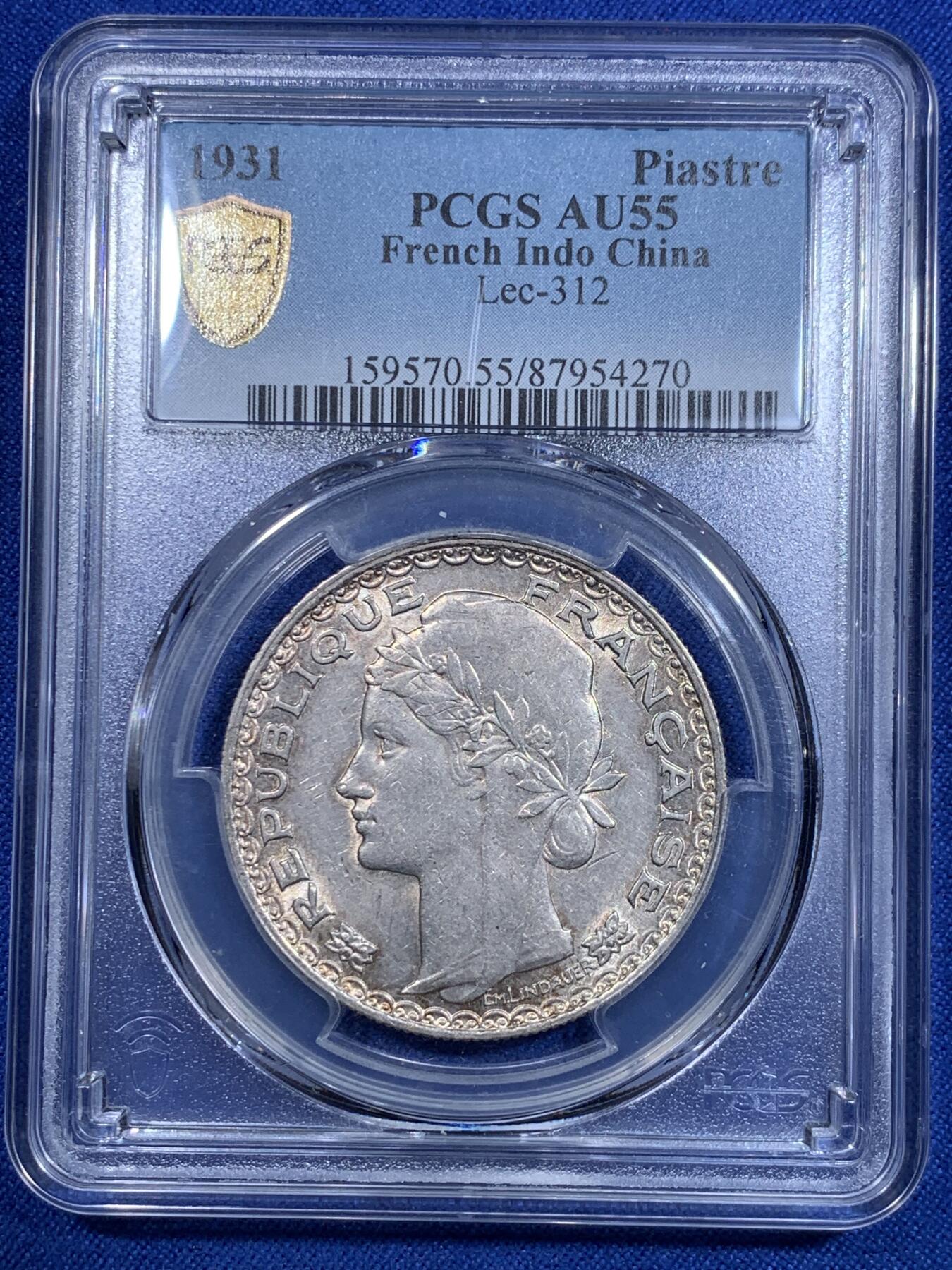 《竞宝斋》第303场   周日，周一 2场连拍 （全场包邮） PCGS AU55 法属印度支那1931年坐洋主币壹元银币 最后的坐洋 女神刻画到位 细节甚佳