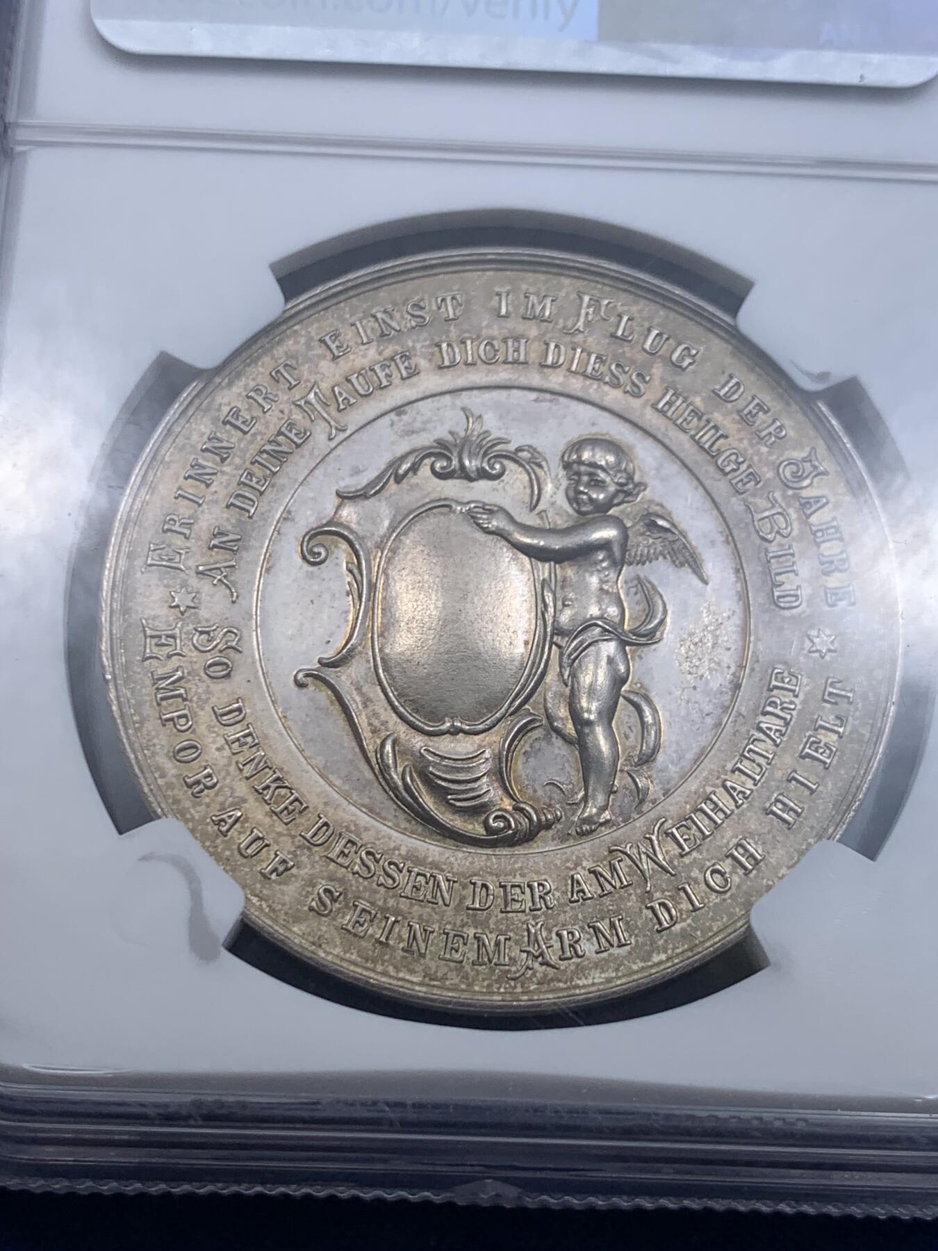 《竞宝斋》第303场   周日，周一 2场连拍 （全场包邮） NGC MS62 19世纪奥地利宗教洗礼银章 图案设计精美