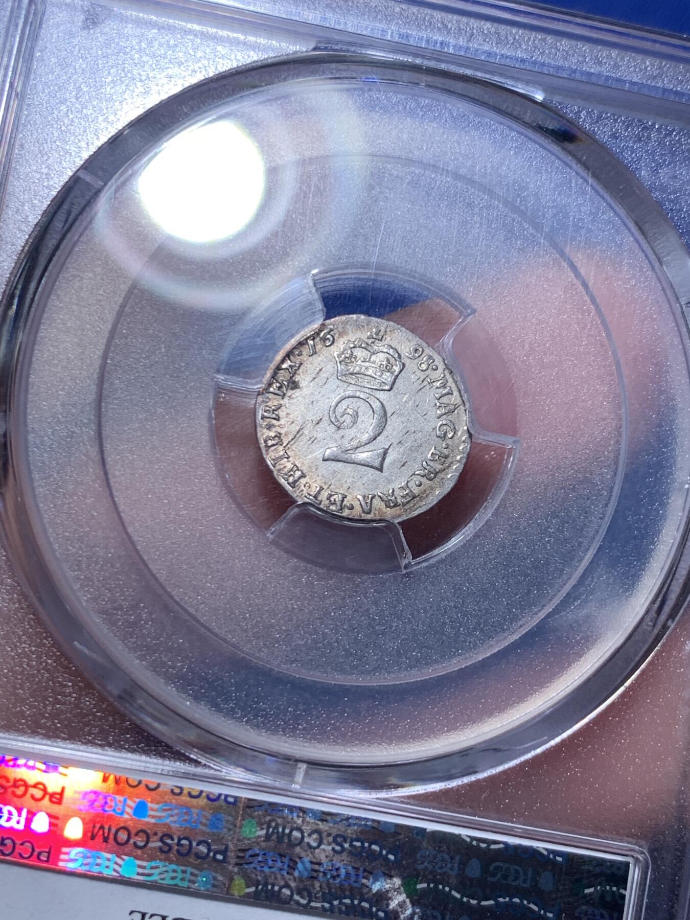 《竞宝斋》第303场   周日，周一 2场连拍 （全场包邮） PCGS UNC 英国 1698年 威廉三世 2便士银币 早期英国银币 少见