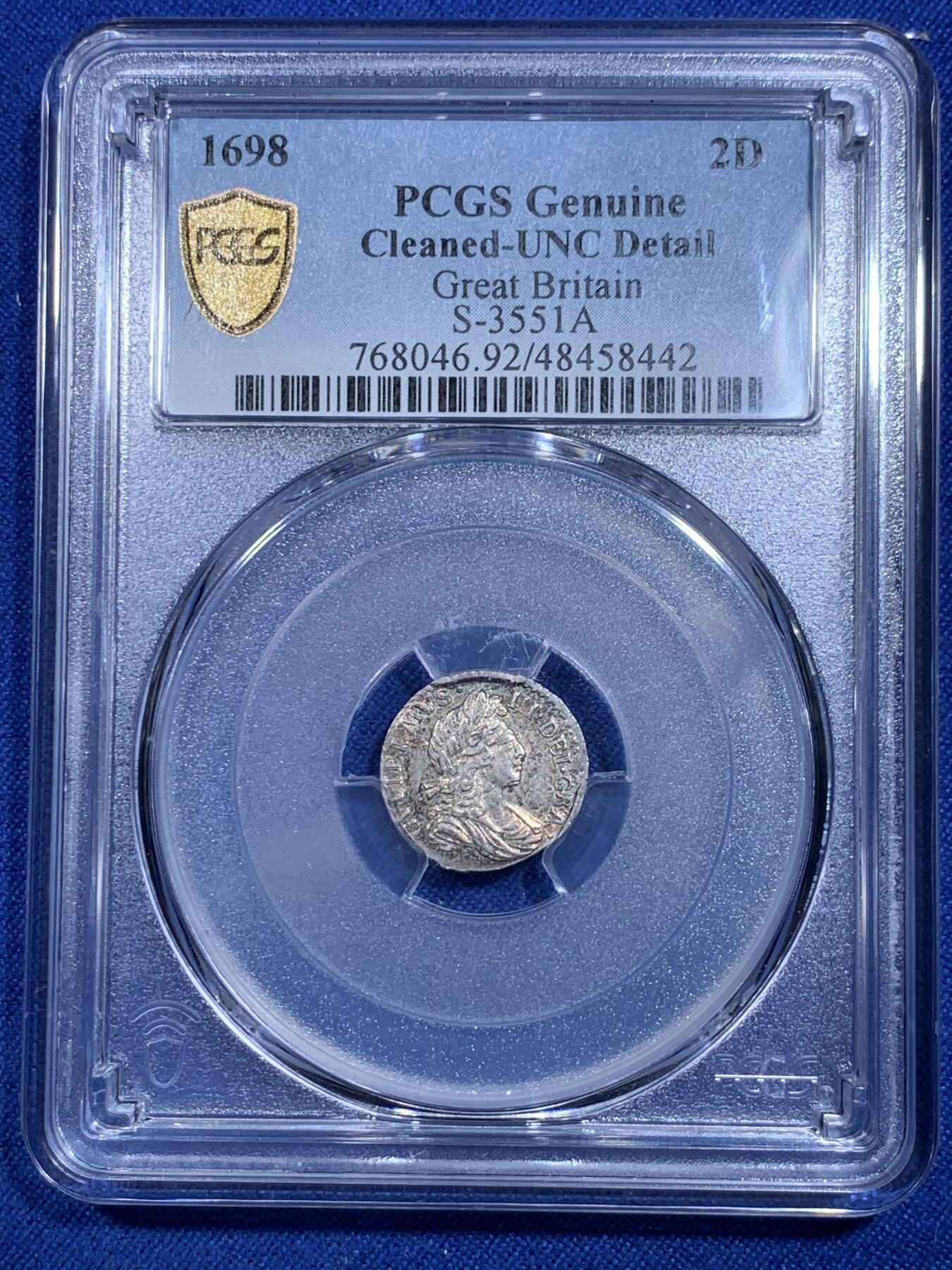 《竞宝斋》第303场   周日，周一 2场连拍 （全场包邮） PCGS UNC 英国 1698年 威廉三世 2便士银币 早期英国银币 少见