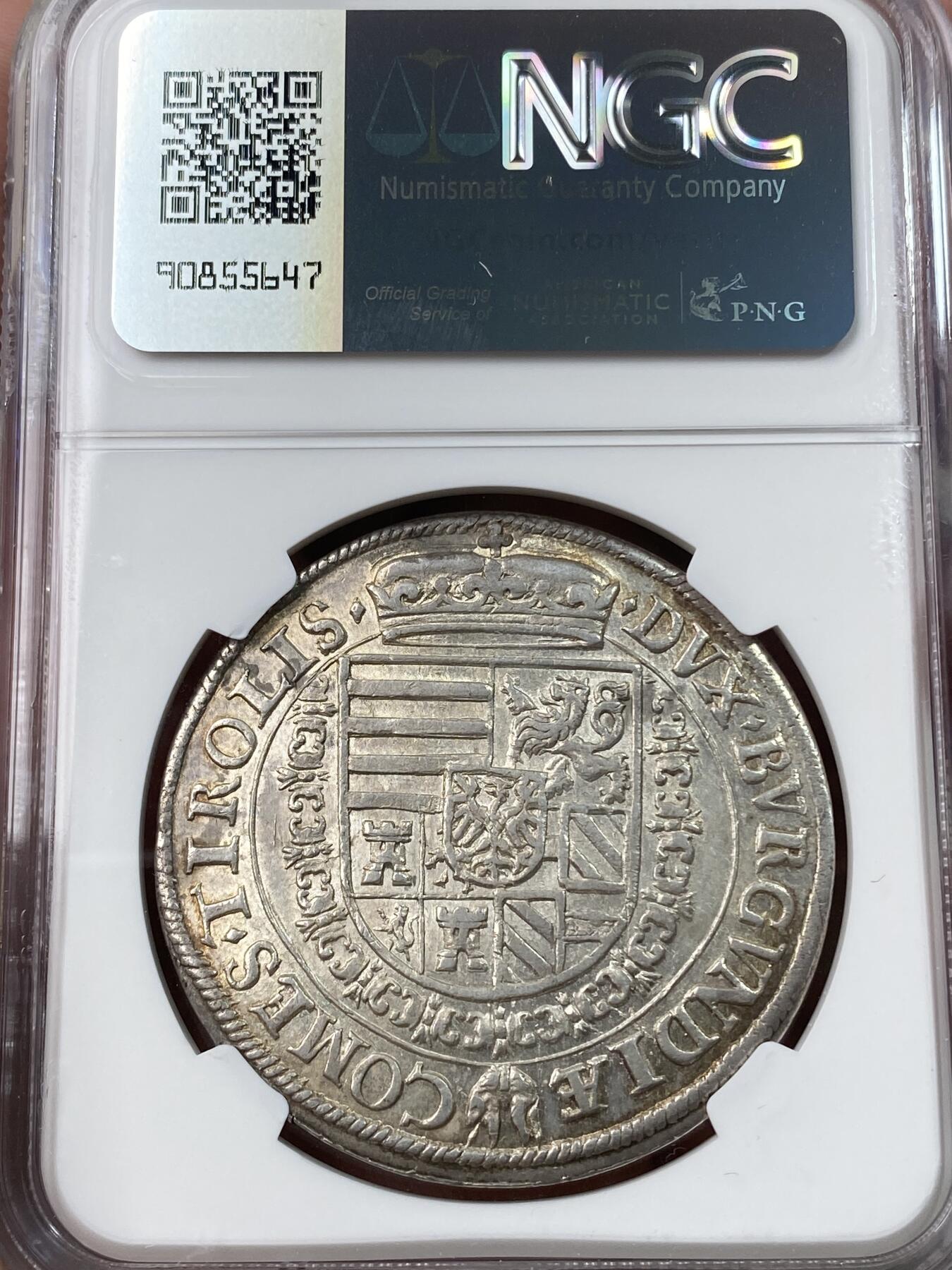 万国钱币拍卖第033期 NGC MS62 1594-1595年德意志第一帝国神圣罗马帝国费迪南德二世盾徽大泰勒 深打原光无减重痕难得