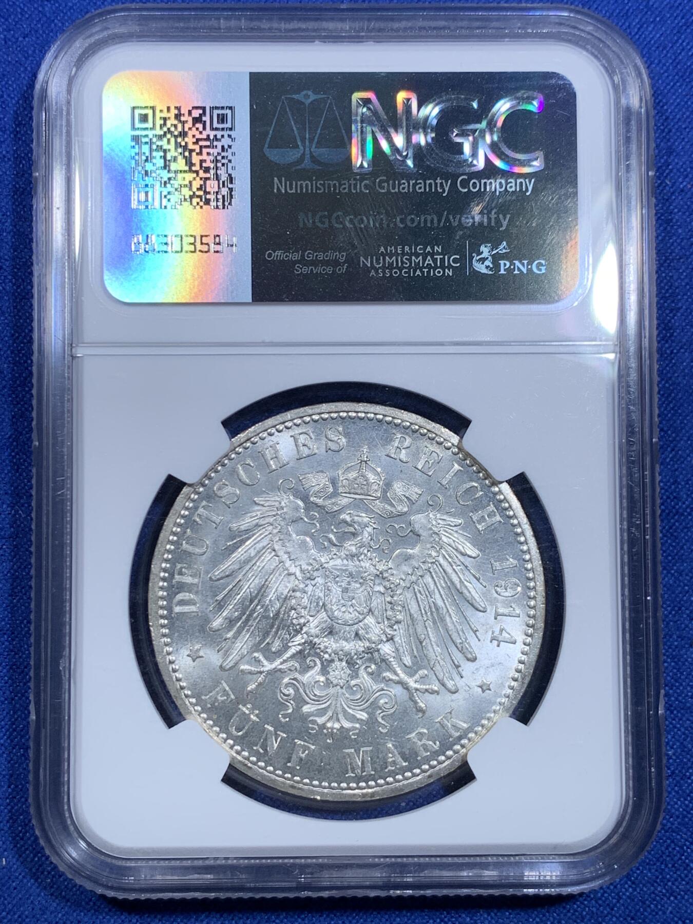 《竞宝斋》第303场   周日，周一 2场连拍 （全场包邮） NGC MS63 德国1914年安哈特德绍，结婚纪念5马克银币，白净转光 MS能保存好的更难得