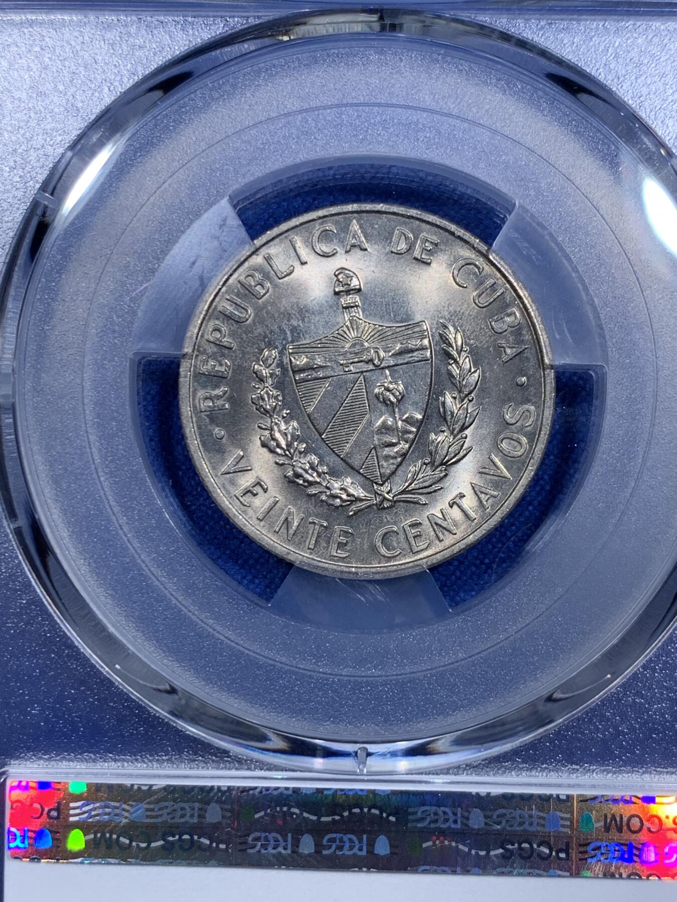 《竞宝斋》第303场   周日，周一 2场连拍 （全场包邮） PCGS MS66 1968年古巴20分 两面爆光 高分少见