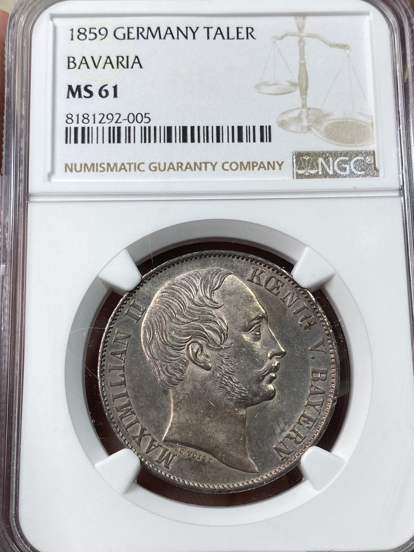 万国钱币拍卖第033期 NGC MS61 1858年德国巴伐利亚双狮流通1泰勒 转光