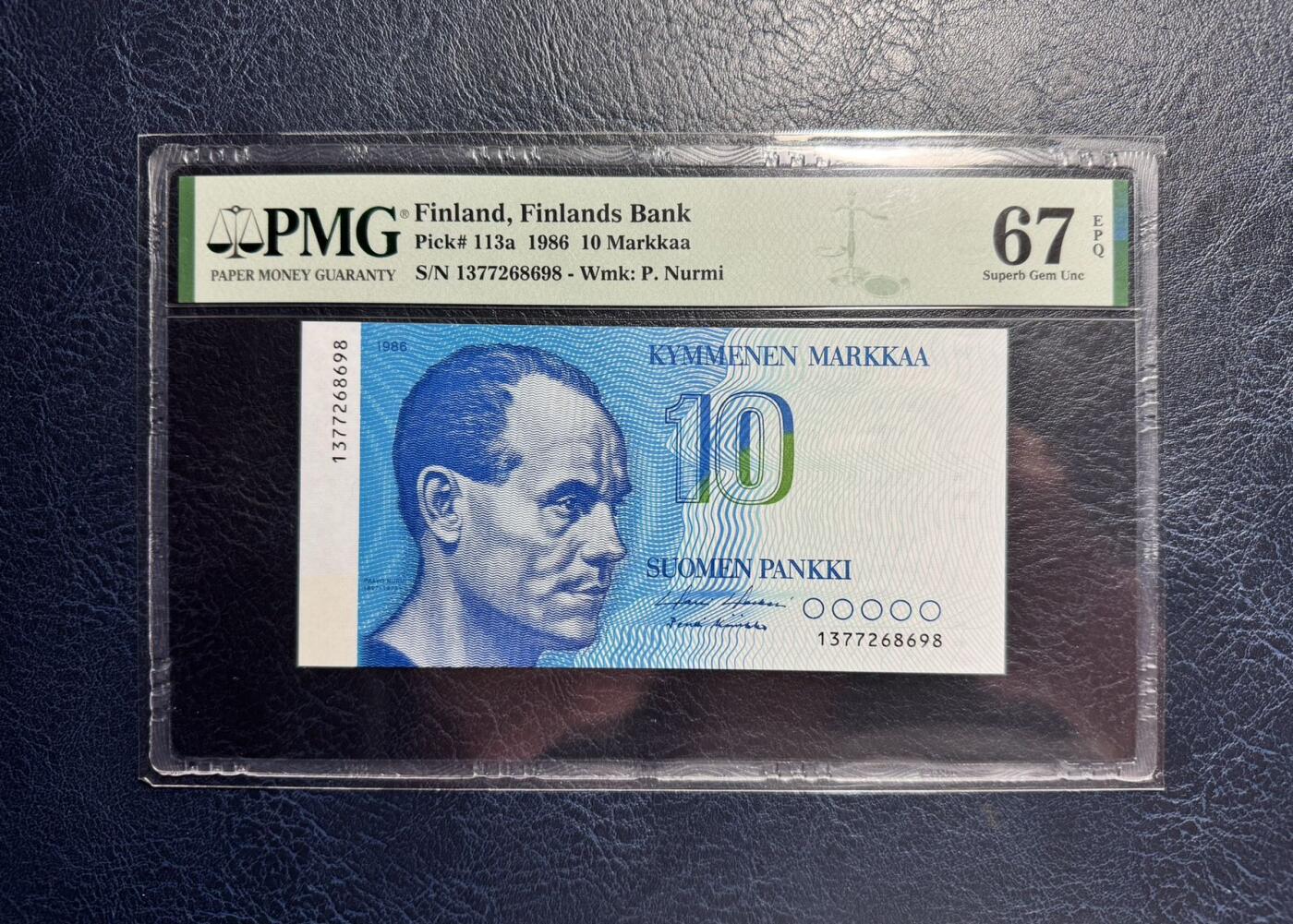 收藏联盟Quantum Auction 第373期拍卖  芬兰1986年10马克 PMG67 不带A的初版 号码无4