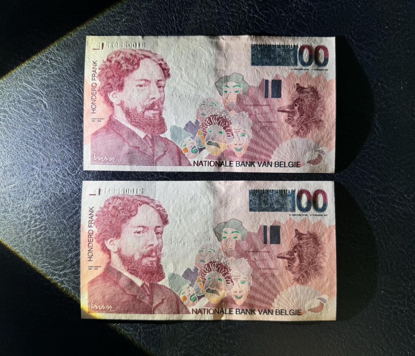 收藏联盟Quantum Auction 第373期拍卖  比利时1995年版100法郎两张 品相全新UNC 号码全程无457