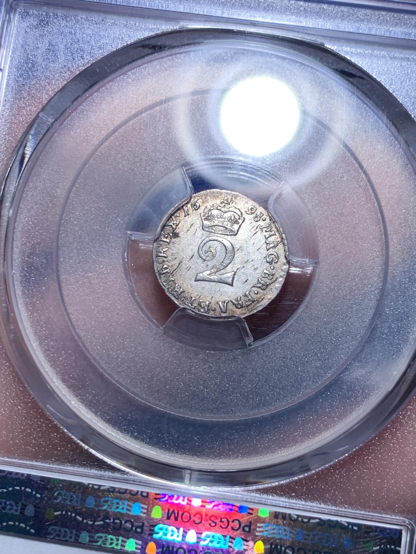 《竞宝斋》第303场   周日，周一 2场连拍 （全场包邮） PCGS UNC 英国 1698年 威廉三世 2便士银币 早期英国银币 少见