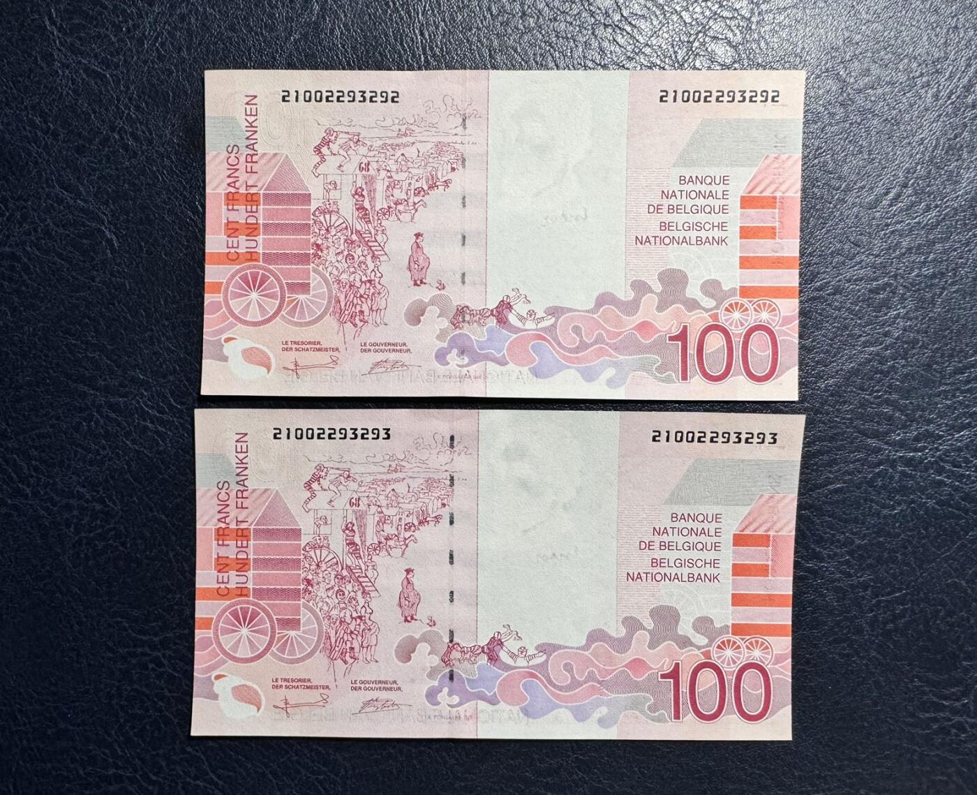 收藏联盟Quantum Auction 第373期拍卖  比利时1995年版100法郎两张 品相全新UNC 号码全程无457