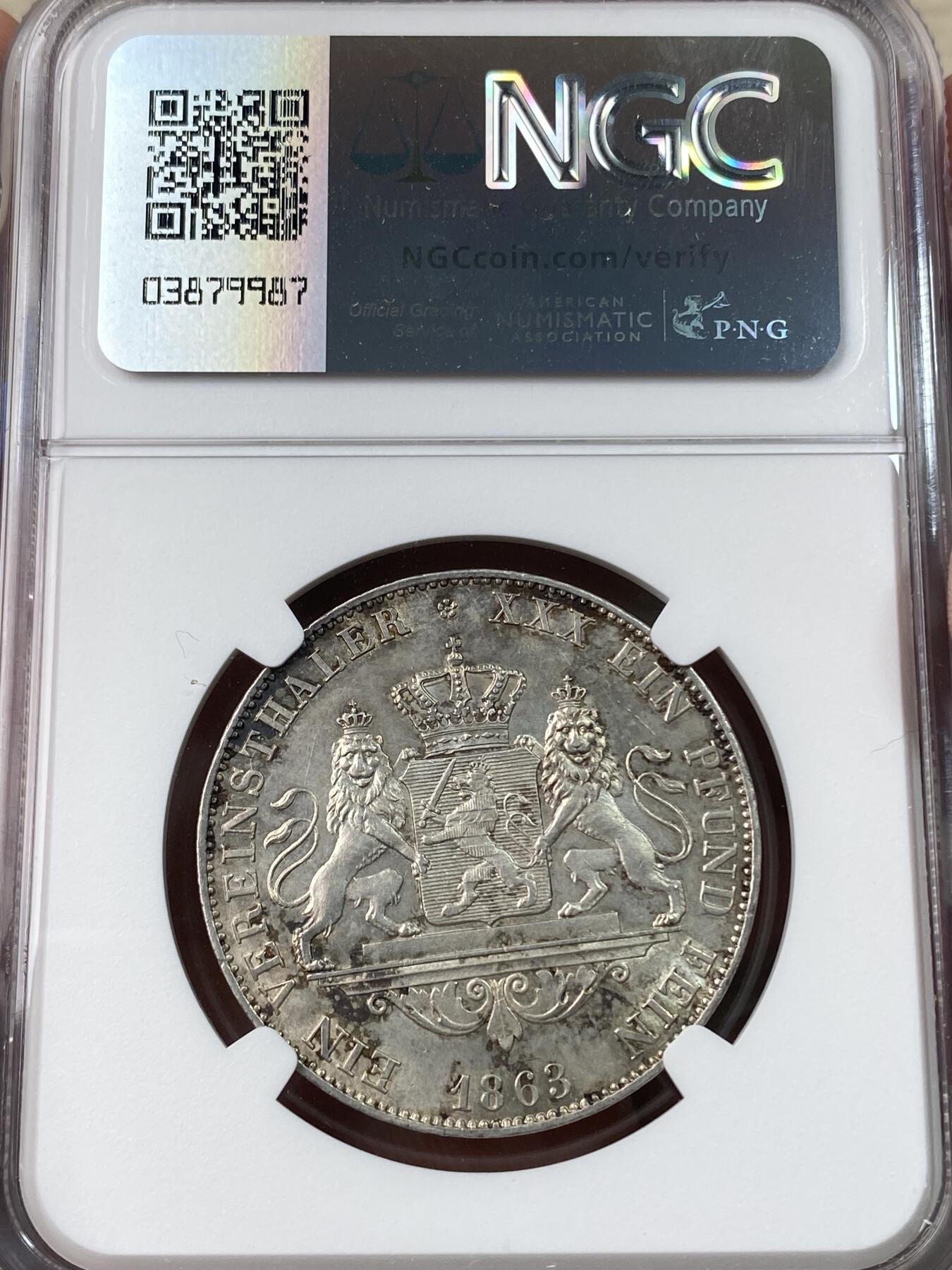 万国钱币拍卖第033期 NGC AU58 1863年德国黑森-达姆施塔特双狮流通1泰勒 小邦少见年份 唯一亚军分 原味欧洲包浆