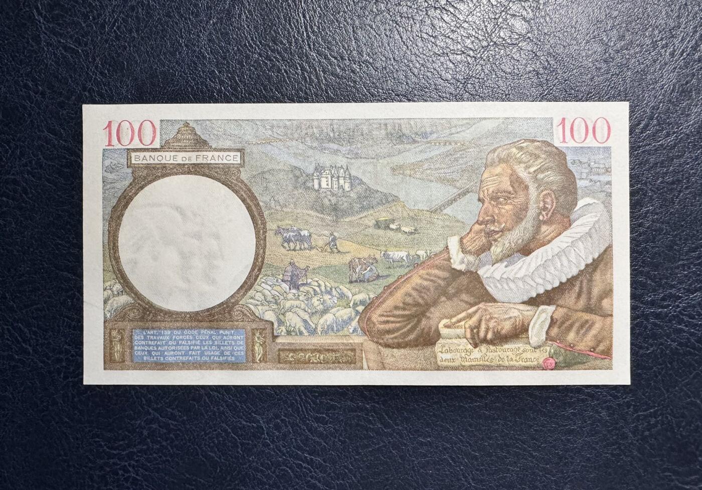 收藏联盟Quantum Auction 第373期拍卖  法国1941年100法郎 品相UNC 号码全程无4 背面一处轻微拖墨