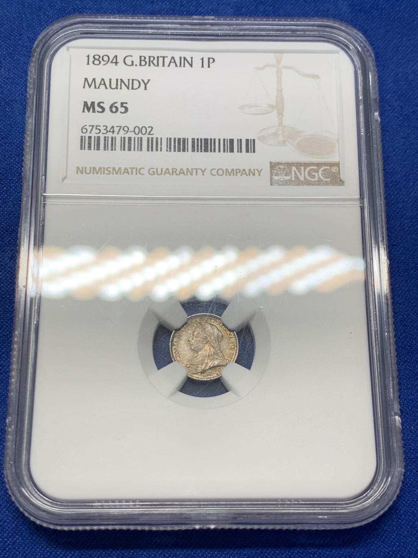 《竞宝斋》第303场   周日，周一 2场连拍 （全场包邮） NGC MS65 英国 1894年 维多利亚 1便士濯足银币 凑版必备
