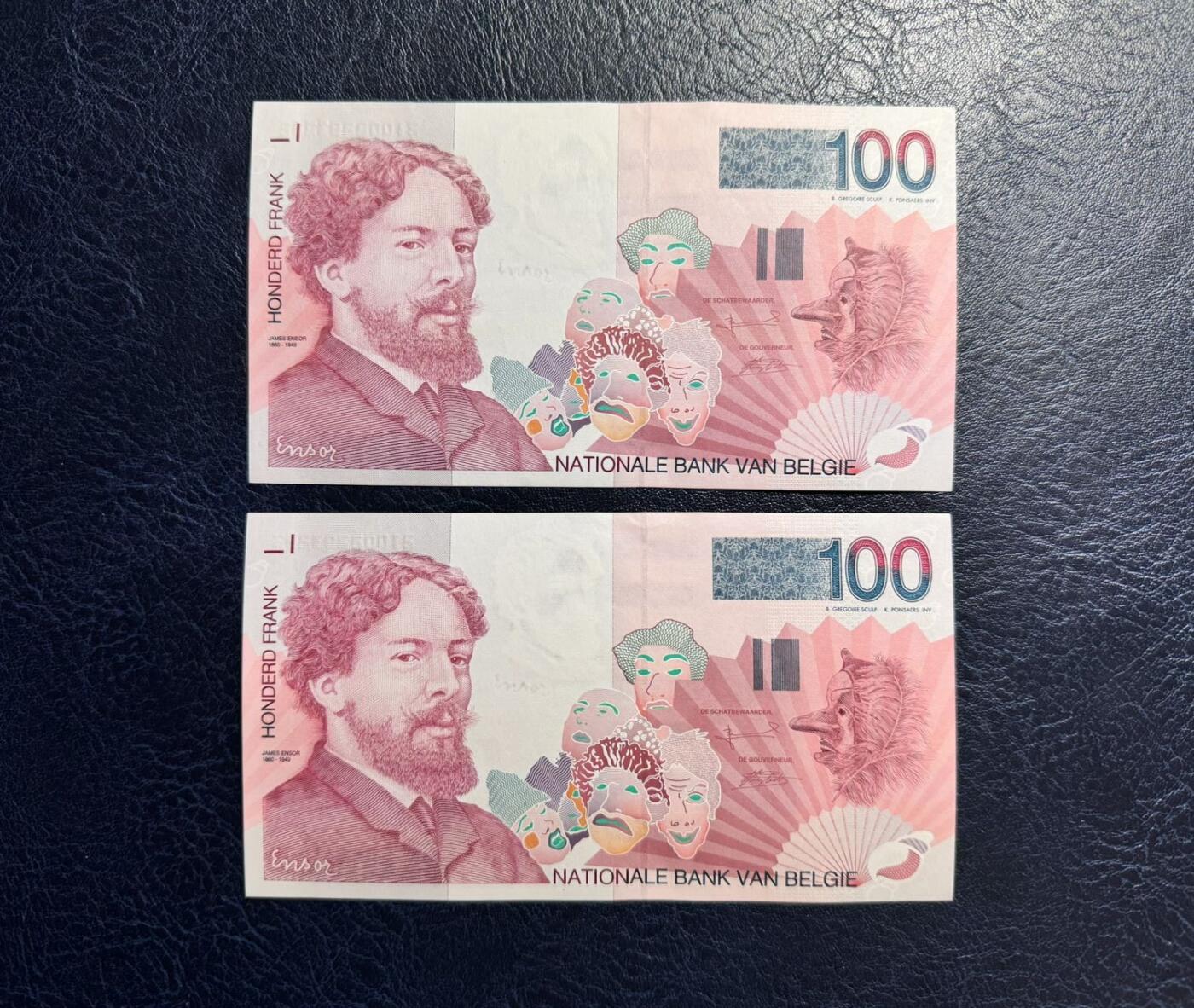 收藏联盟Quantum Auction 第373期拍卖  比利时1995年版100法郎两张 品相全新UNC 号码全程无457