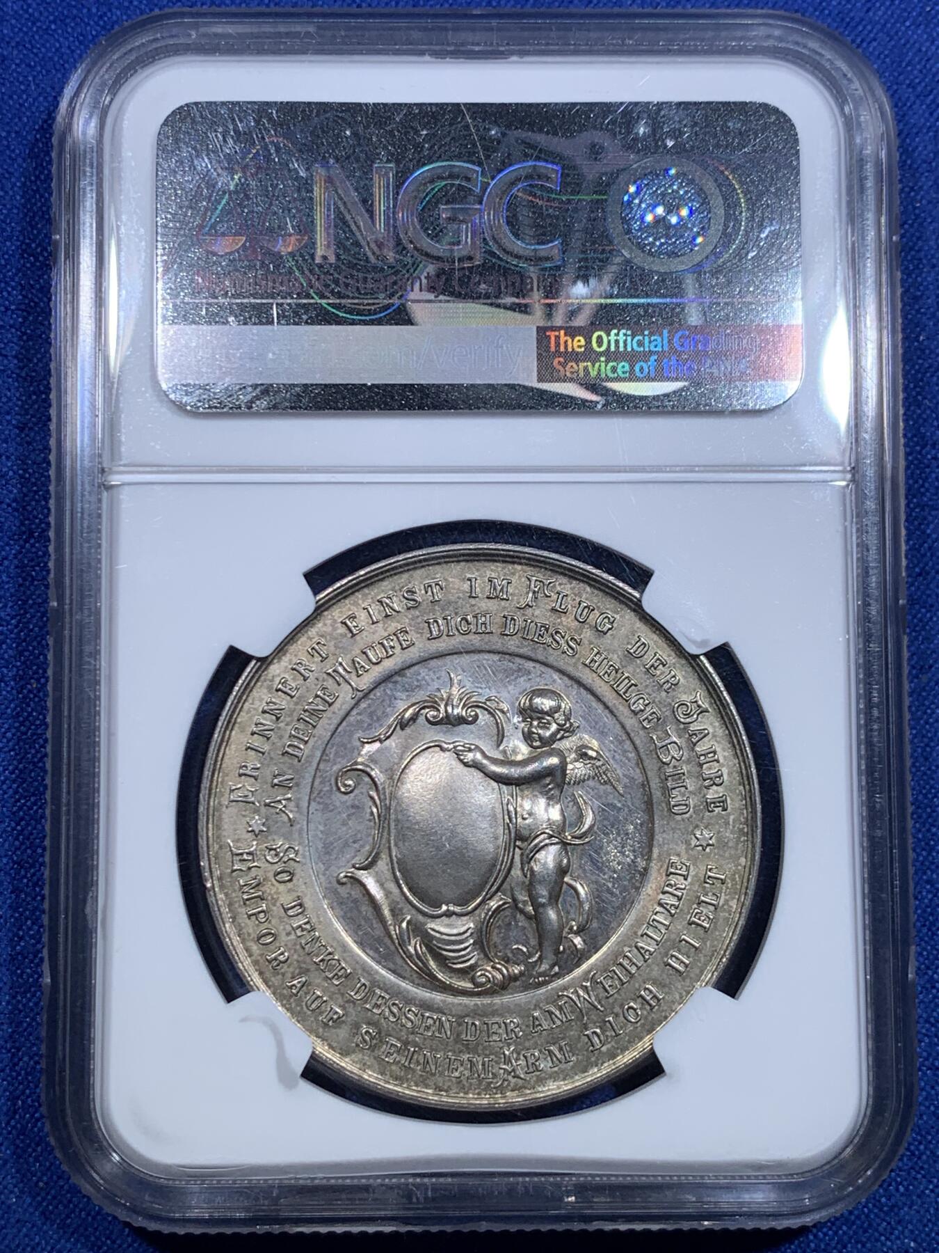 《竞宝斋》第303场   周日，周一 2场连拍 （全场包邮） NGC MS62 19世纪奥地利宗教洗礼银章 图案设计精美