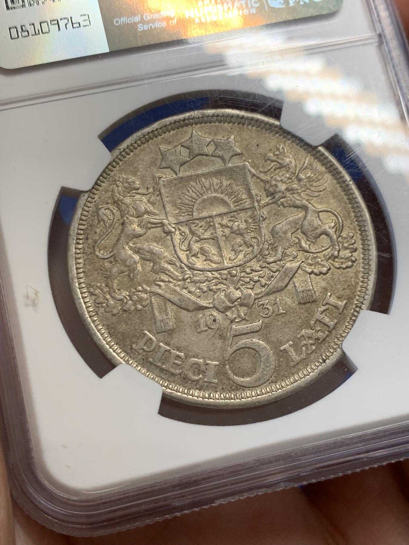 《竞宝斋》第303场   周日，周一 2场连拍 （全场包邮） NGC MS62 拉脱维亚1931年5拉特大银币