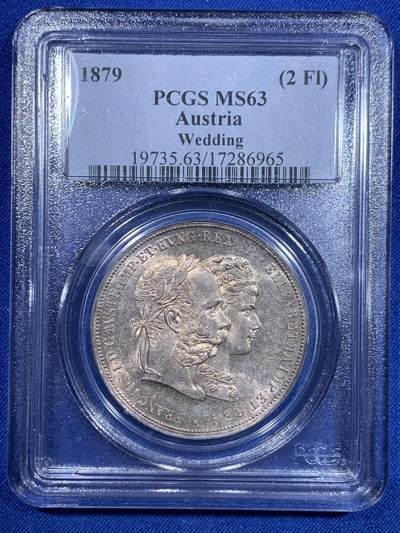 《竞宝斋》第303场   周日，周一 2场连拍 （全场包邮） - PCGS MS63 奥地利1879年茜茜公主银婚2福林银币 早期经典小白盒 高分好状态