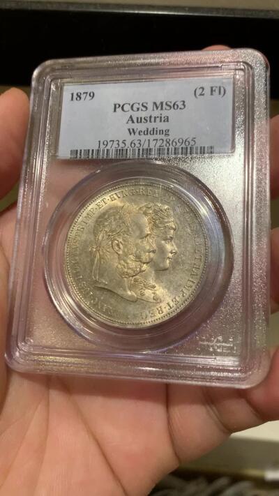 《竞宝斋》第303场   周日，周一 2场连拍 （全场包邮） PCGS MS63 奥地利1879年茜茜公主银婚2福林银币 早期经典小白盒 高分好状态