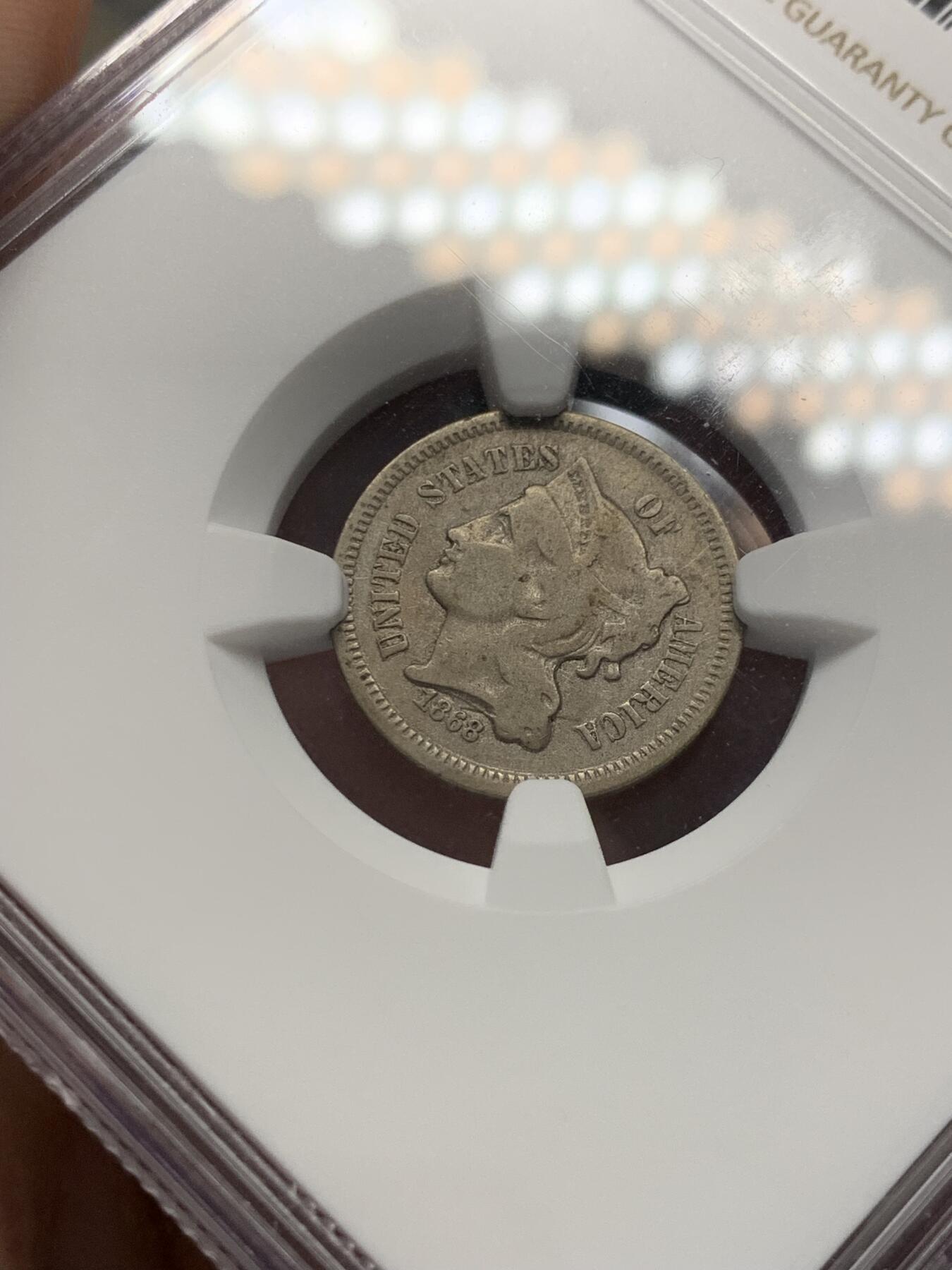 《竞宝斋》第303场   周日，周一 2场连拍 （全场包邮） NGC VFD 1868年3美分 非常少见品种 ngc评级真假无忧 凑套必备 市场价二三百元