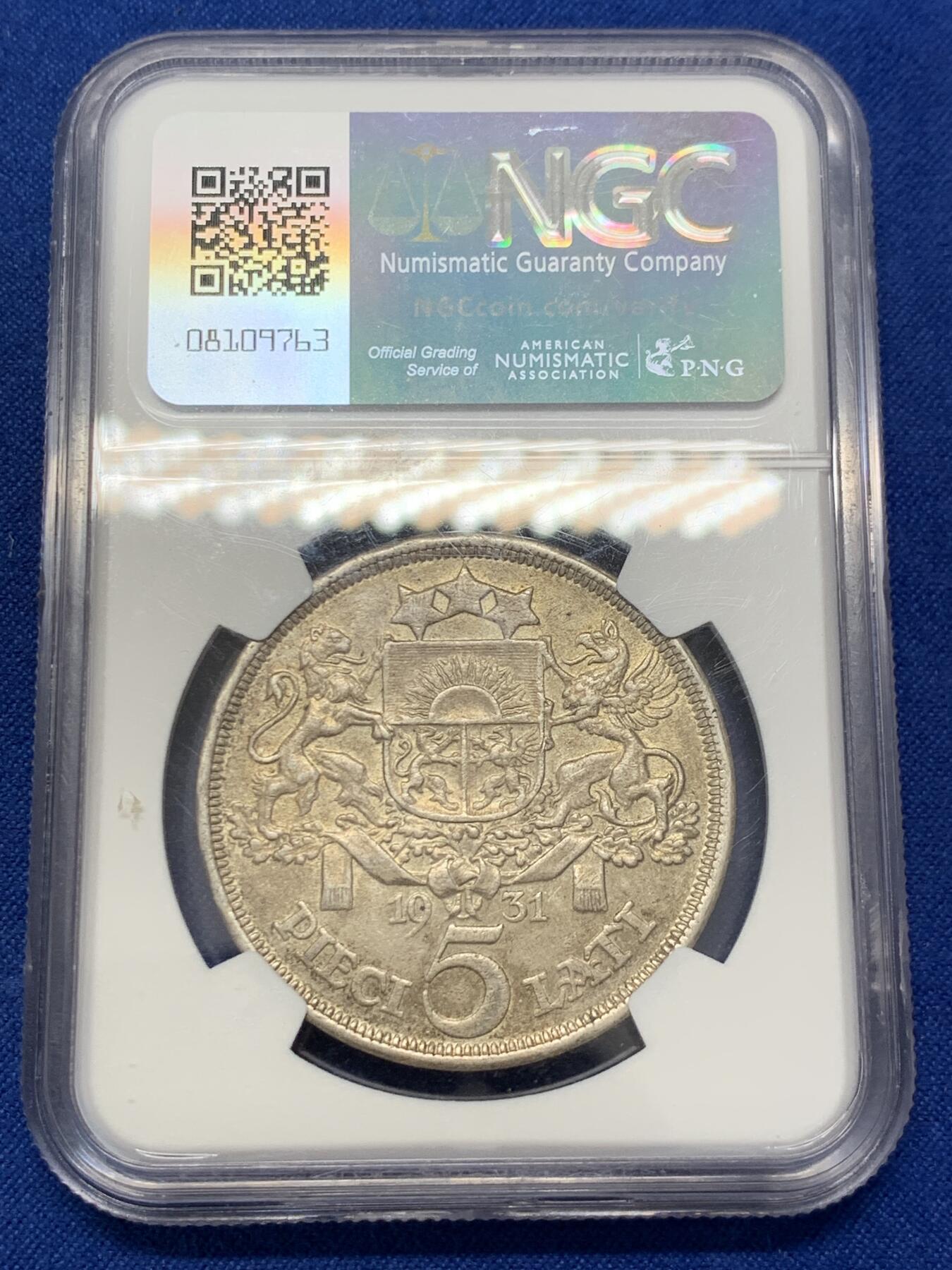 《竞宝斋》第303场   周日，周一 2场连拍 （全场包邮） NGC MS62 拉脱维亚1931年5拉特大银币