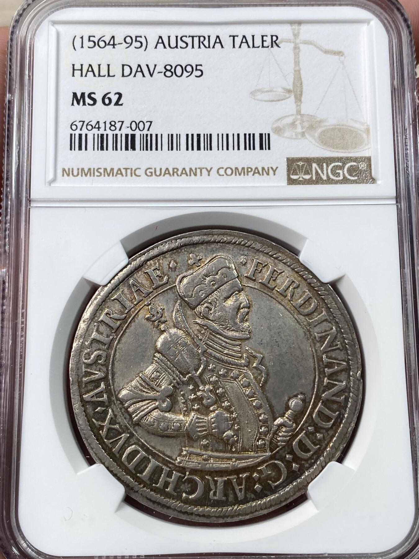 万国钱币拍卖第033期 NGC MS62 1594-1595年德意志第一帝国神圣罗马帝国费迪南德二世盾徽大泰勒 深打原光无减重痕难得