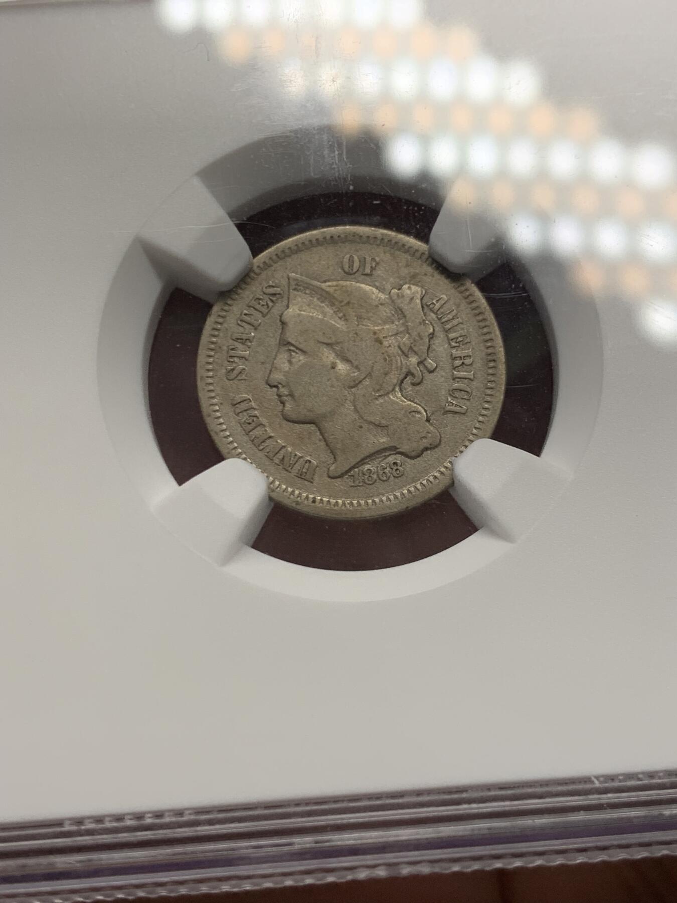 《竞宝斋》第303场   周日，周一 2场连拍 （全场包邮） NGC VFD 1868年3美分 非常少见品种 ngc评级真假无忧 凑套必备 市场价二三百元
