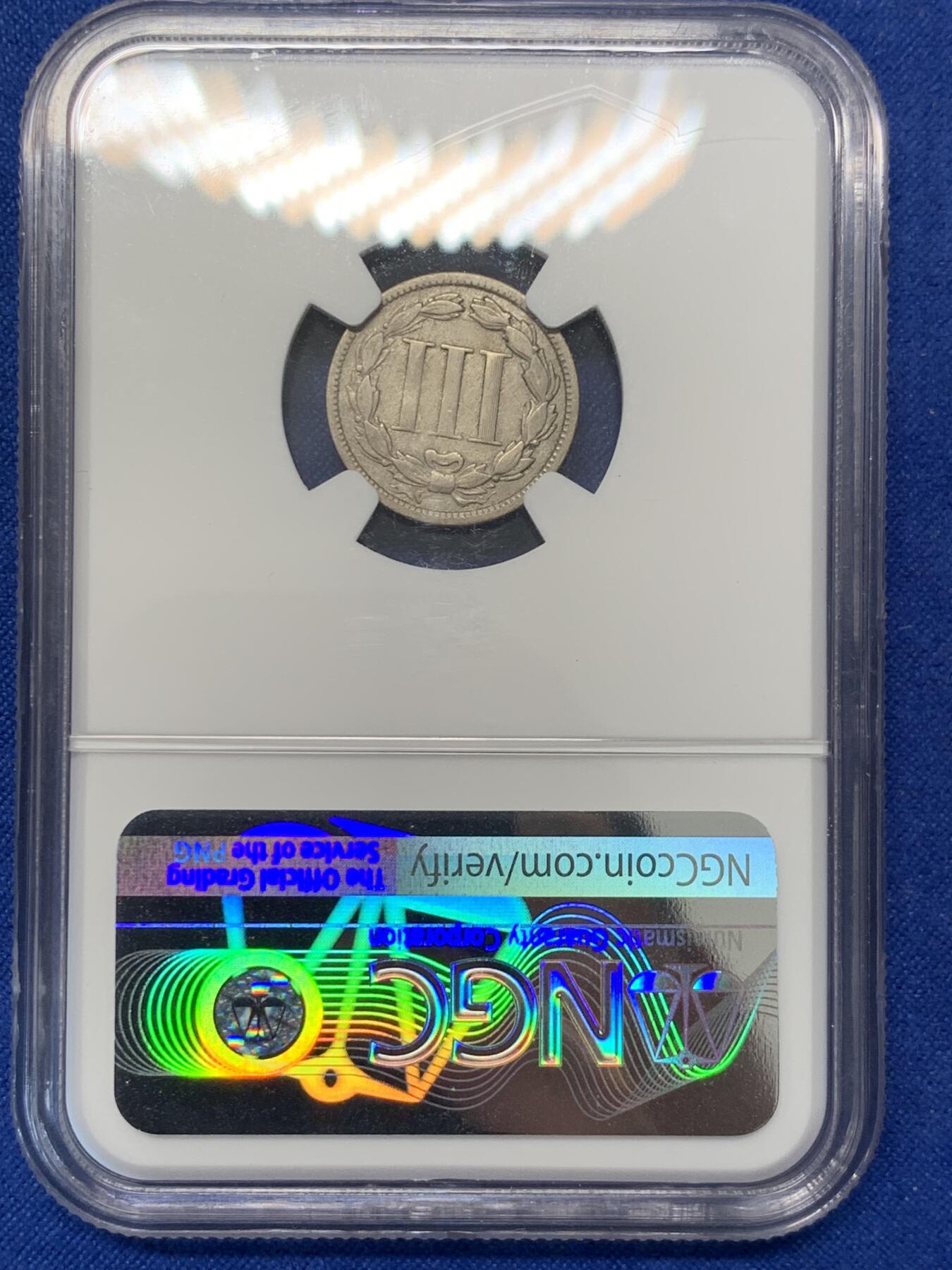 《竞宝斋》第303场   周日，周一 2场连拍 （全场包邮） NGC VFD 1868年3美分 非常少见品种 ngc评级真假无忧 凑套必备 市场价二三百元