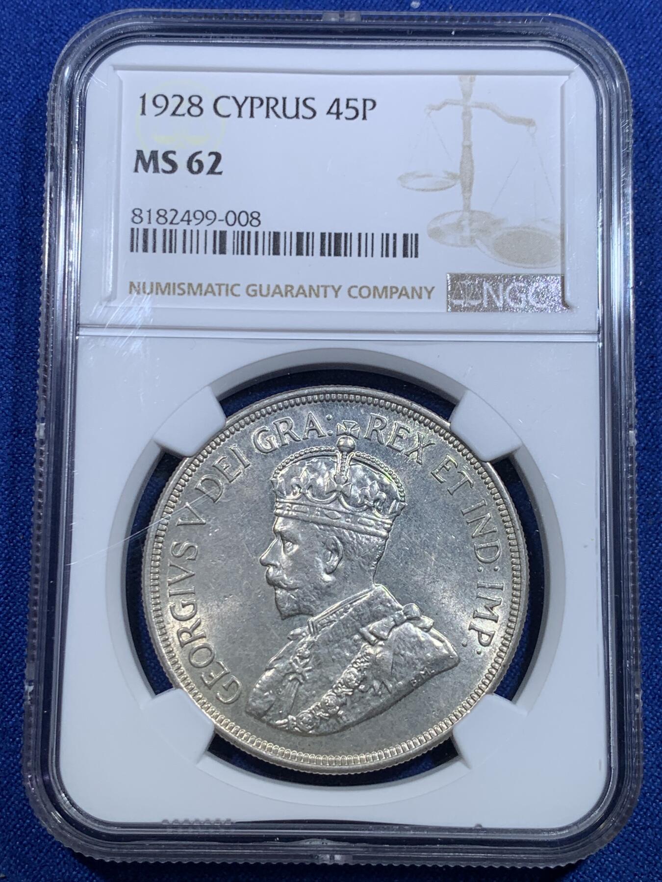 《竞宝斋》第303场   周日，周一 2场连拍 （全场包邮） NGC MS62 英属塞浦路斯1928乔治五世45P银币