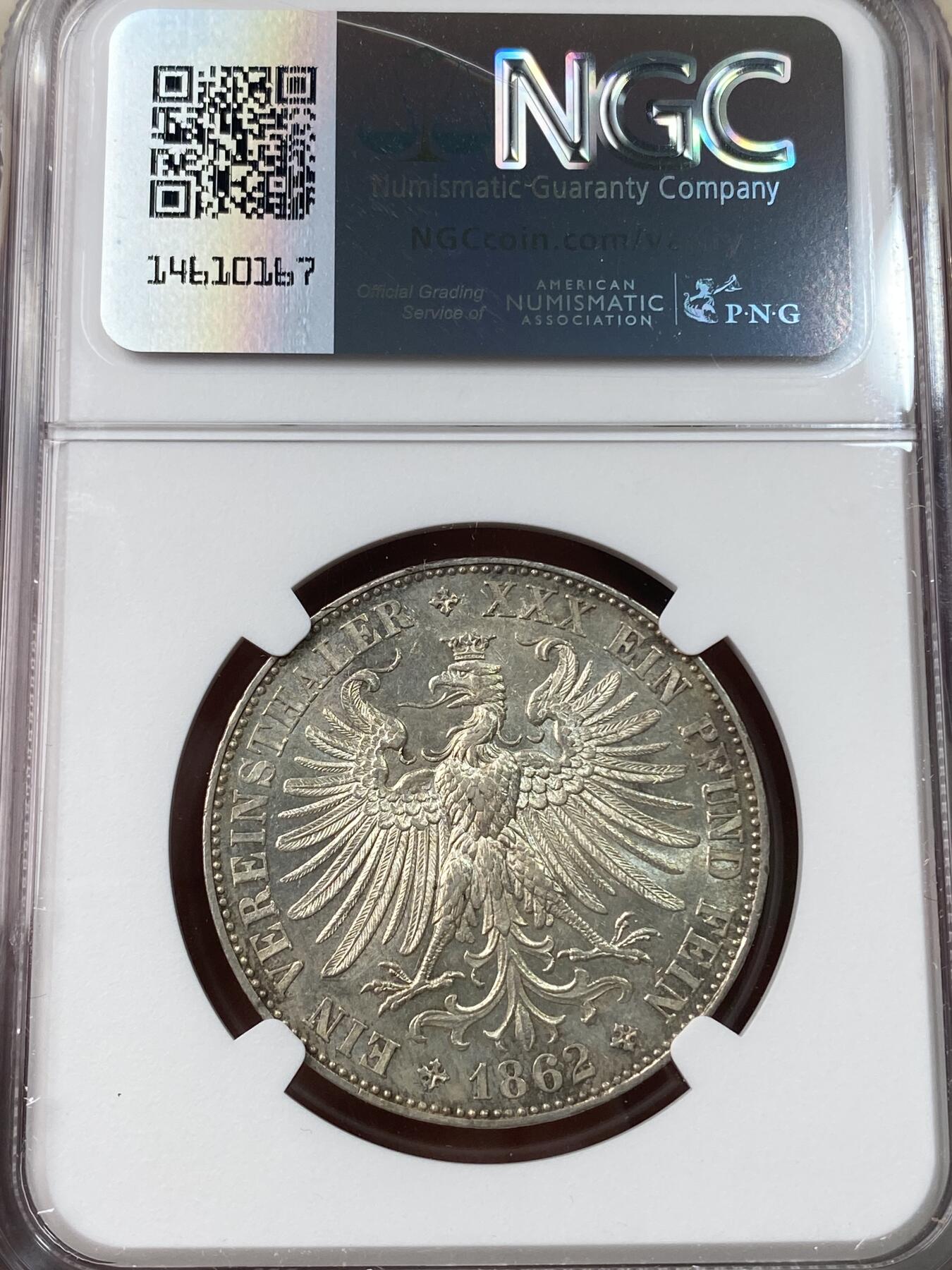 万国钱币拍卖第033期 NGC MS62 1862年德国法兰克福少女流通1泰勒 转光