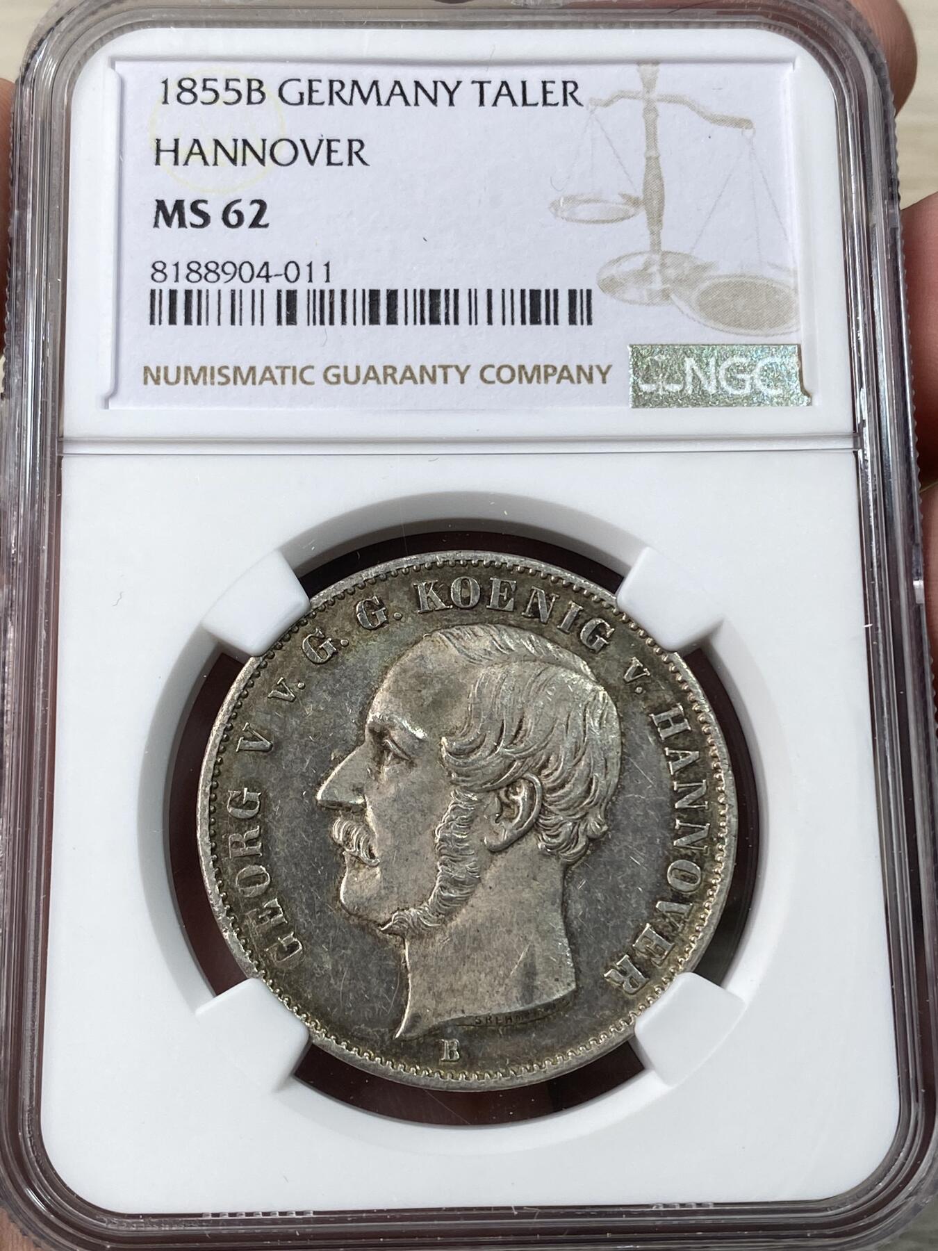 万国钱币拍卖第033期 NGC MS62 1855年德国汉诺威矿业祈祷流通1泰勒 英式盾徽为哈慈矿业祈祷 相较狮马少太多