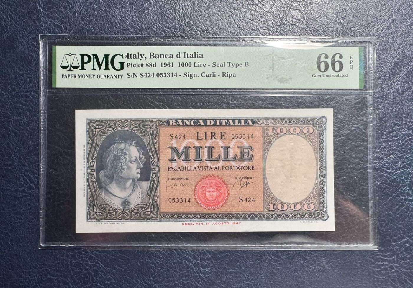 收藏联盟Quantum Auction 第373期拍卖  意大利1961年1000里拉 PMG66 取材波提切利名画