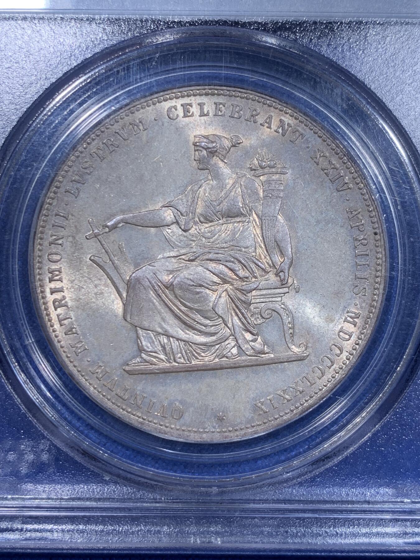 《竞宝斋》第303场   周日，周一 2场连拍 （全场包邮） PCGS MS63 奥地利1879年茜茜公主银婚2福林银币 早期经典小白盒 高分好状态