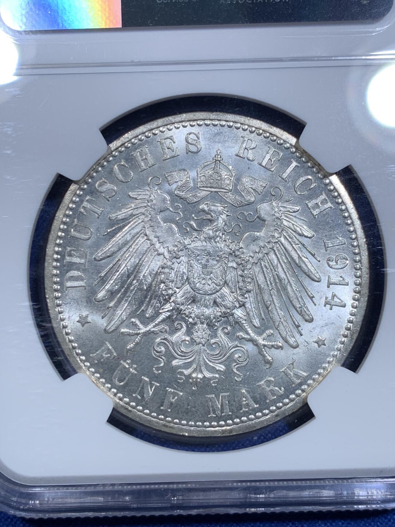 《竞宝斋》第303场   周日，周一 2场连拍 （全场包邮） NGC MS63 德国1914年安哈特德绍，结婚纪念5马克银币，白净转光 MS能保存好的更难得